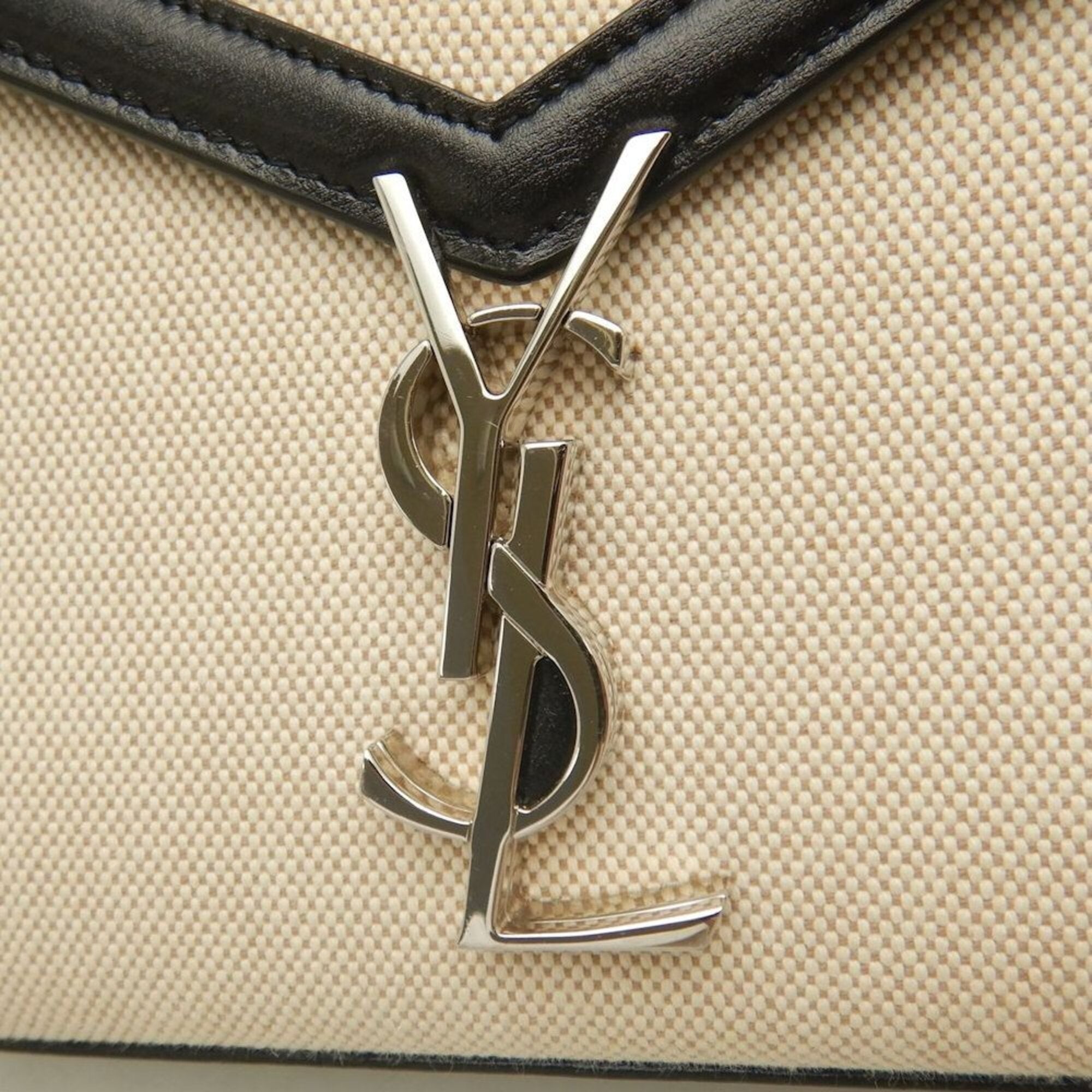Saint Laurent Beige Black Canvas Leather Handbag (Pre-Owned)