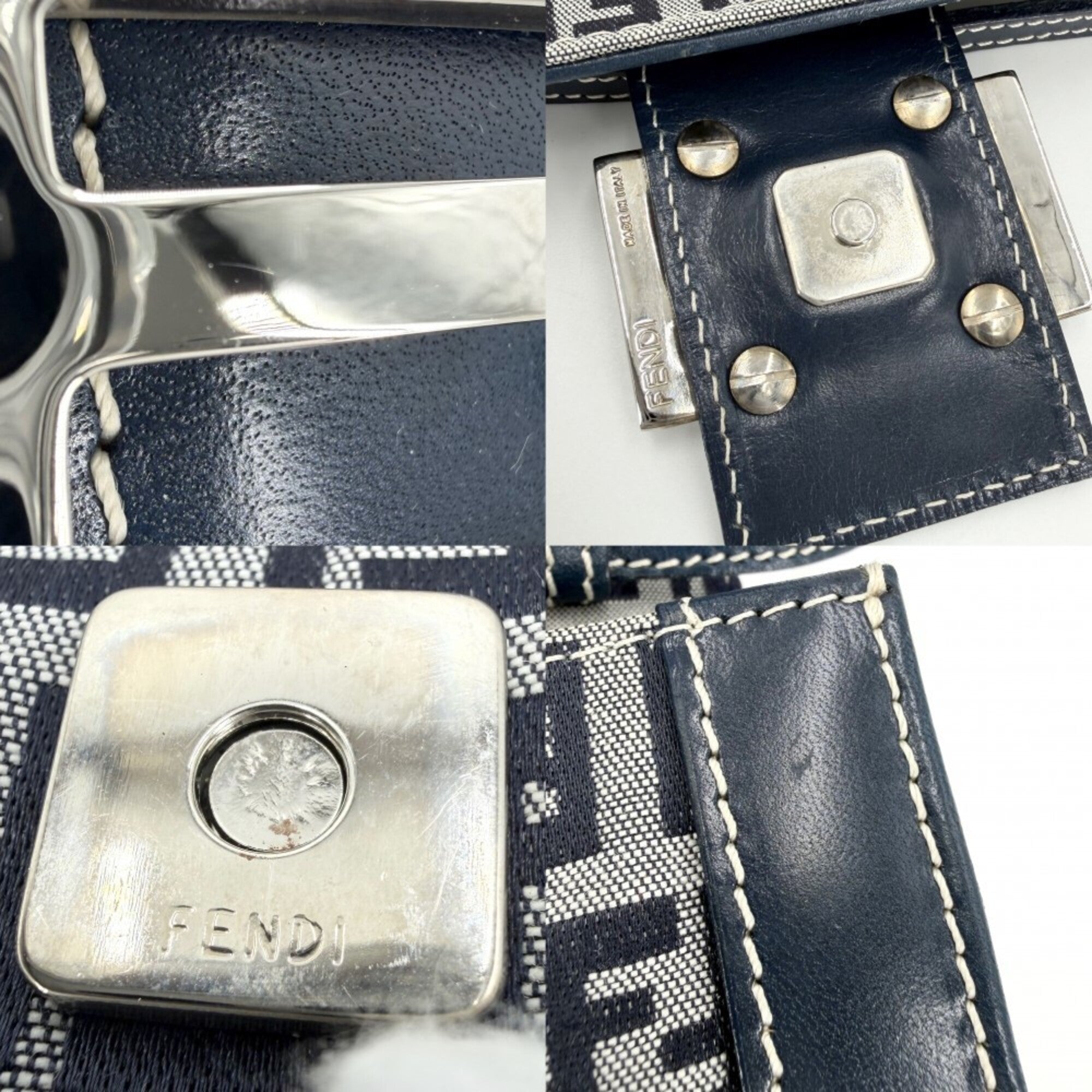Fendi Zucchino Navy Canvas Leather Handbag Shoulder Bag (Pre-Owned)