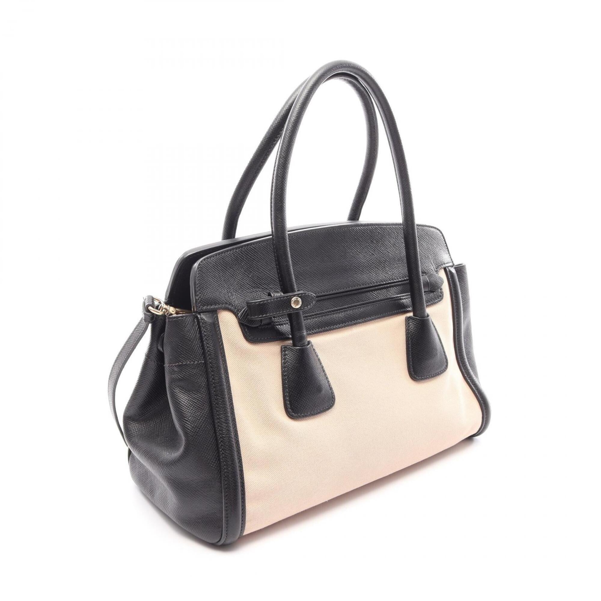 Prada Black Ivory Canvas Leather Handbag (Pre-Owned)