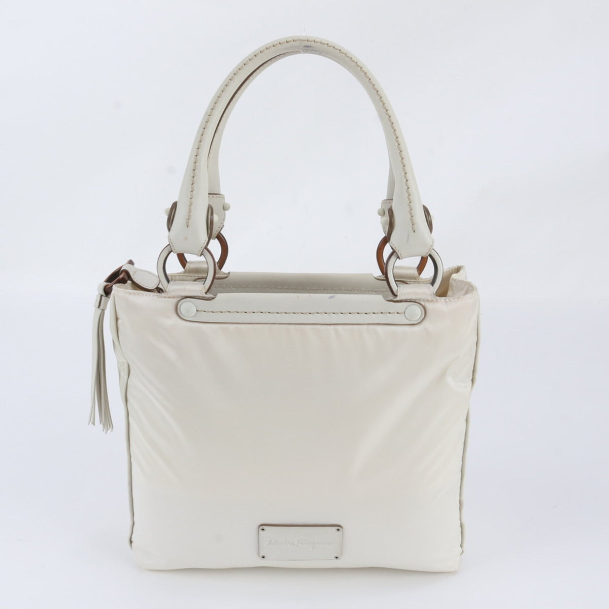 Salvatore Ferragamo Ivory Leather Nylon Handbag Shoulder Bag Tote Bag (Pre-Owned)