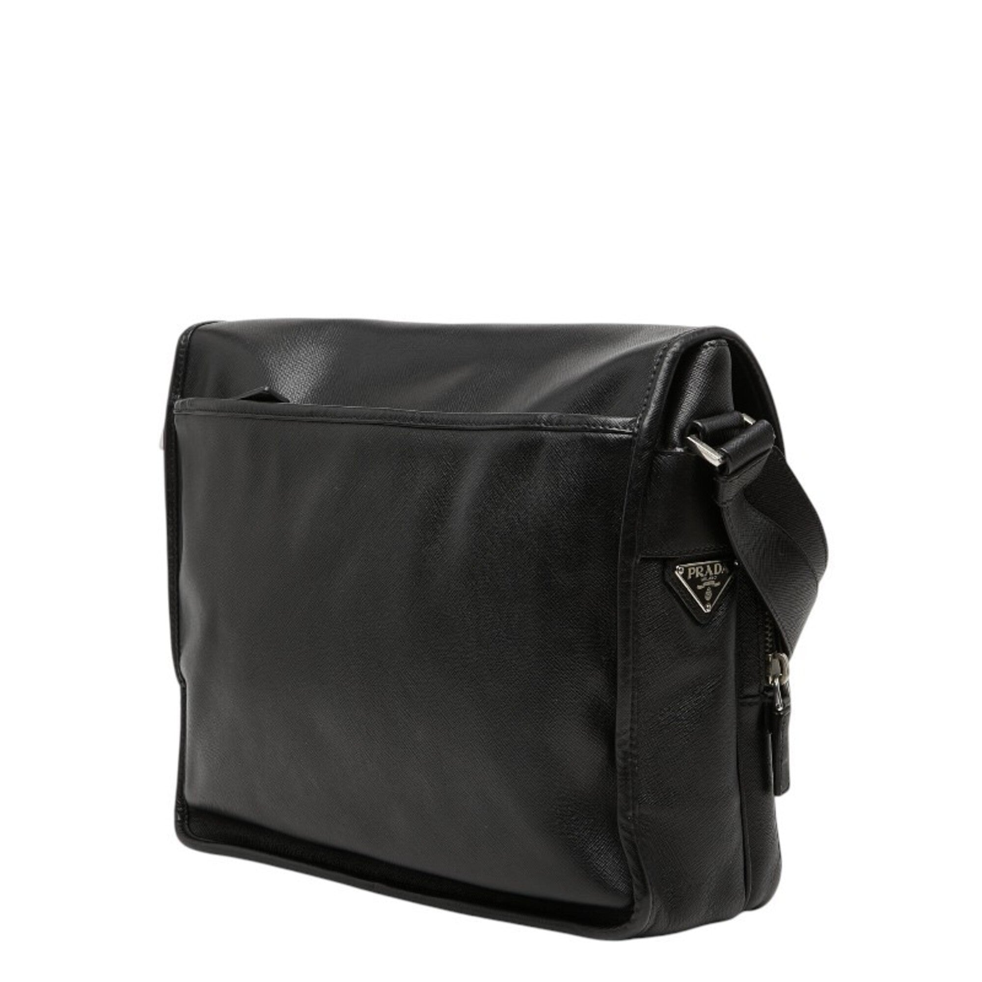 Prada Black Leather Messenger Bag Shoulder Bag (Pre-Owned)