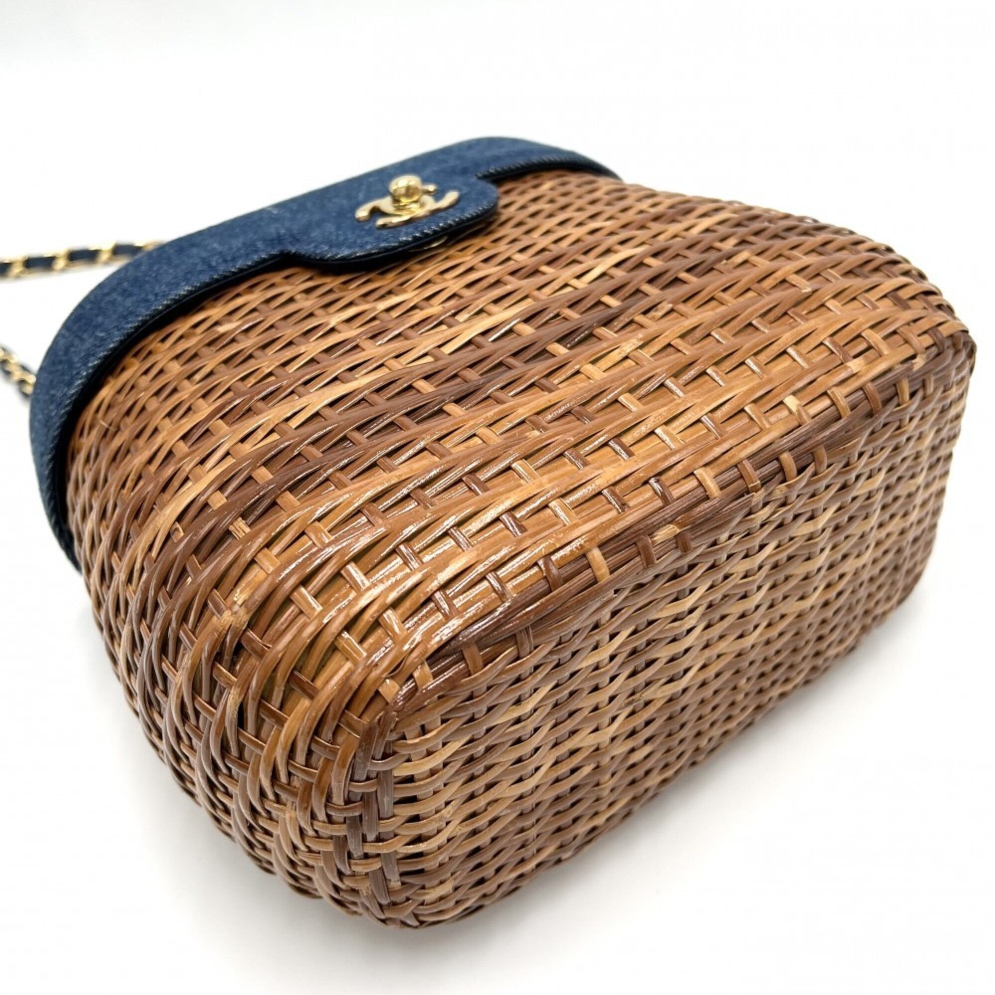 Chanel Blue Brown Straw Denim Shoulder Bag (Pre-Owned)