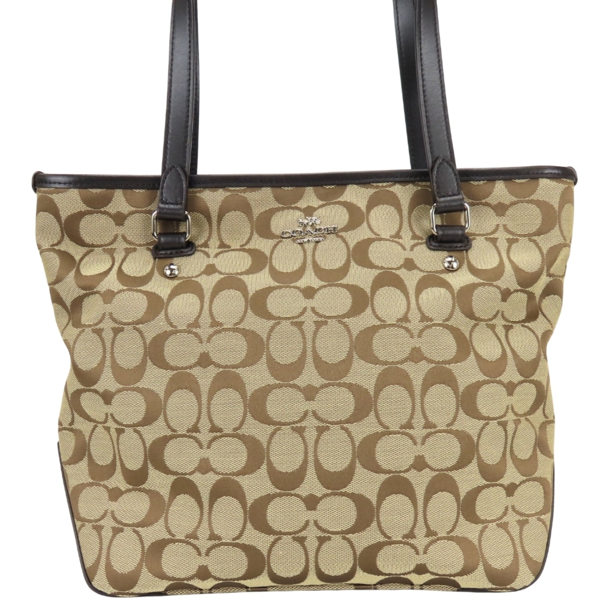 Coach Signature Beige Dark Brown Canvas Leather Tote Bag (Pre-Owned)