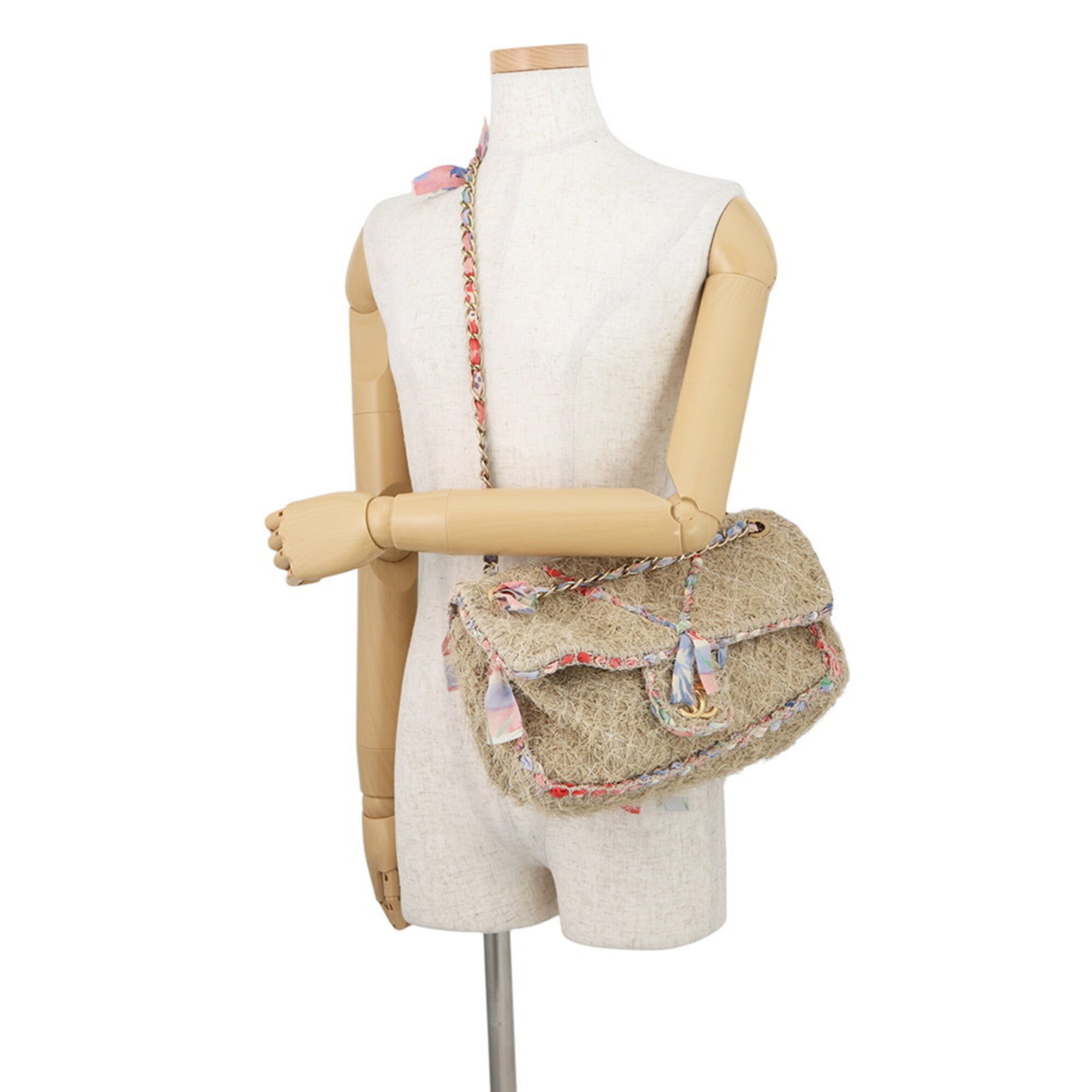 Chanel Beige Multi-Color Raffia Handbag Shoulder Bag (Pre-Owned)