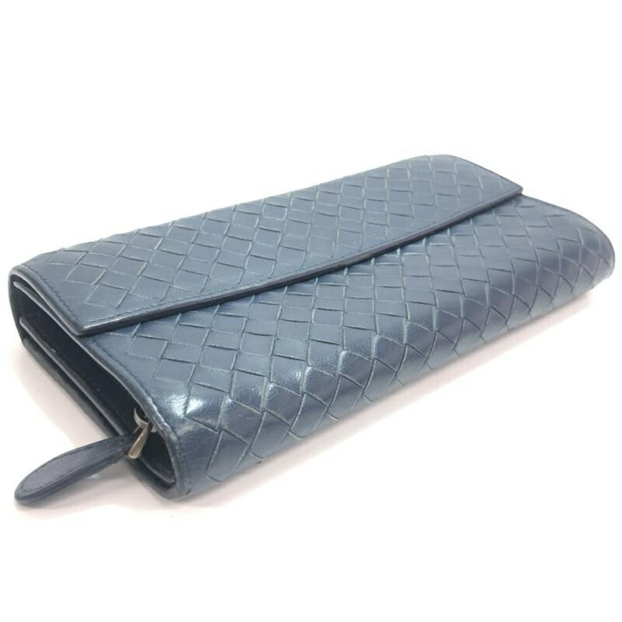 Bottega Veneta Intrecciato Navy Leather Long Wallet (Bi-Fold) (Pre-Owned)