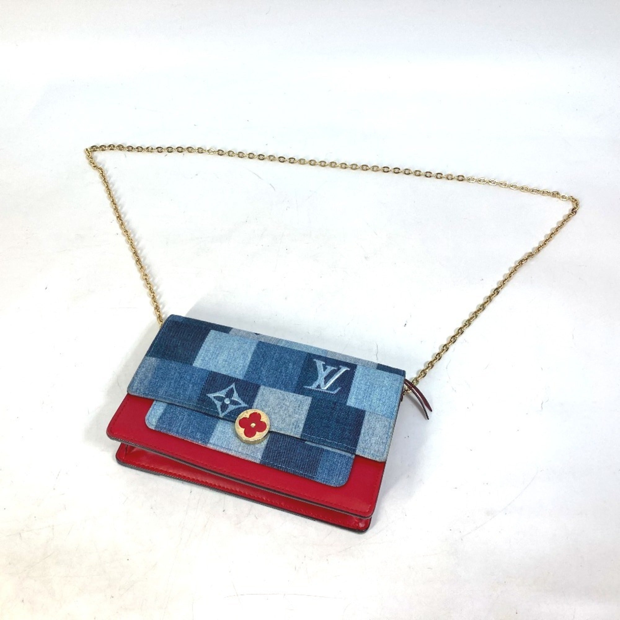 Louis Vuitton Monogram Denim Blue Red Color Monogram Denim Chain/Shoulder Wallet (Pre-Owned)