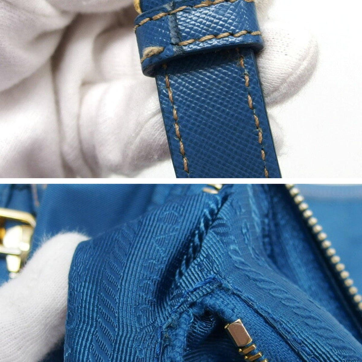 Prada Saffiano Blue Nylon Leather Shoulder Bag (Pre-Owned)