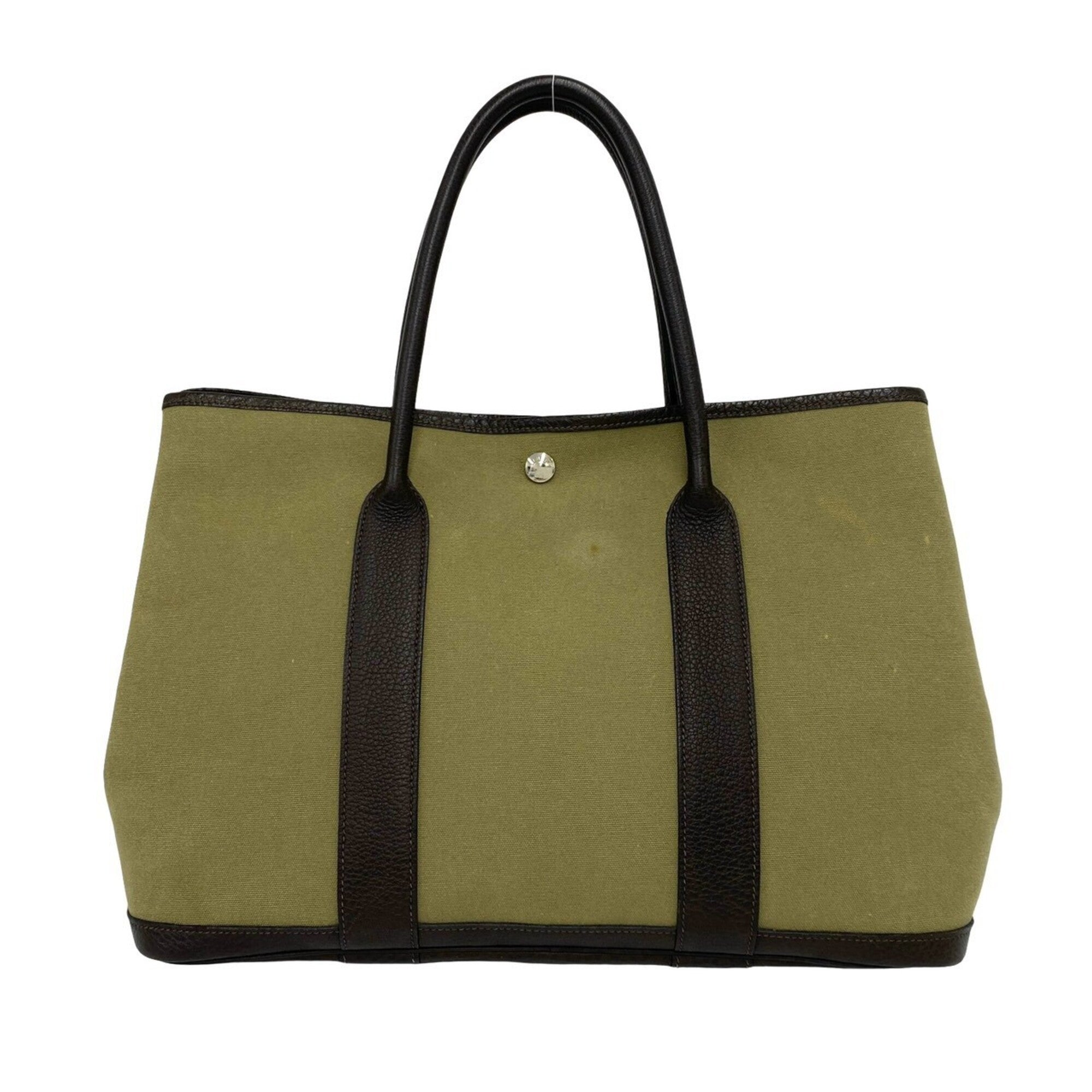 Hermes Brown Khaki Toile Officier Buffalo Leather Handbag Tote Bag (Pre-Owned)