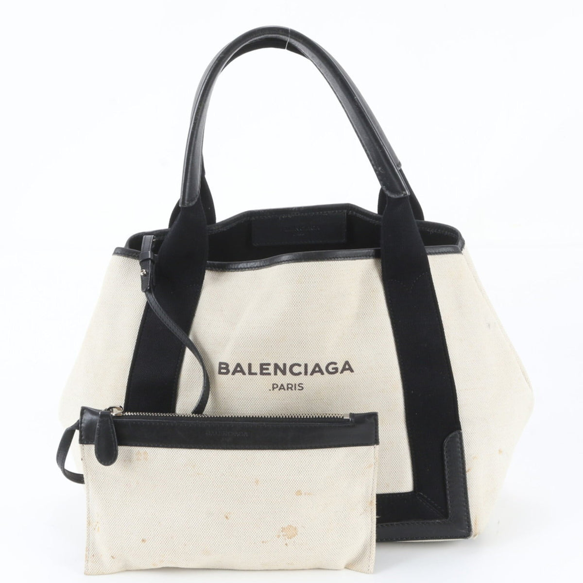 Balenciaga Black Navy White Leather Canvas Handbag Shoulder Bag Tote Bag (Pre-Owned)