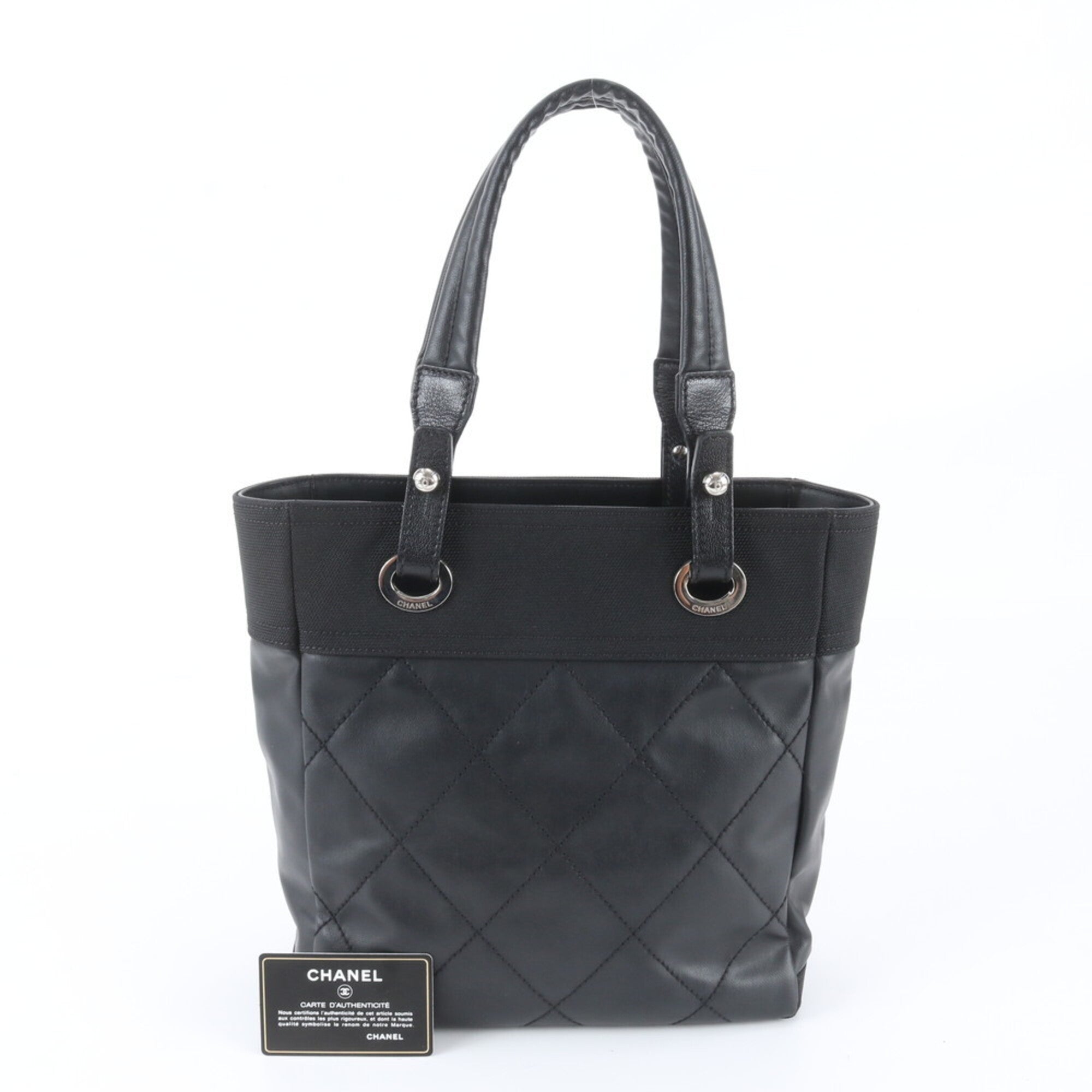 Chanel Black Leather Canvas Shoulder Bag Tote Bag (Pre-Owned)