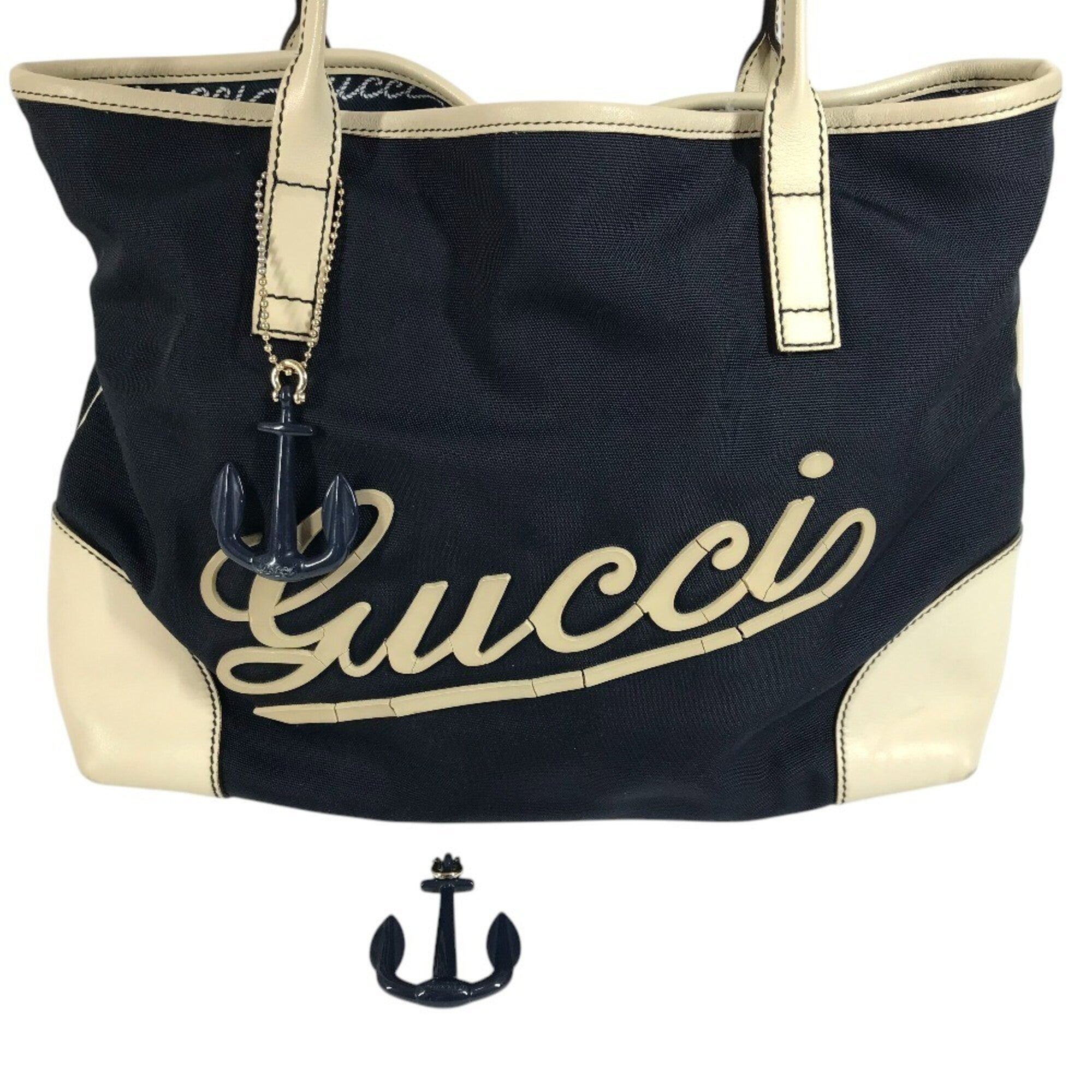 Gucci Gg Canvas Navy White Leather Canvas Handbag Shoulder Bag Tote Bag (Pre-Owned)