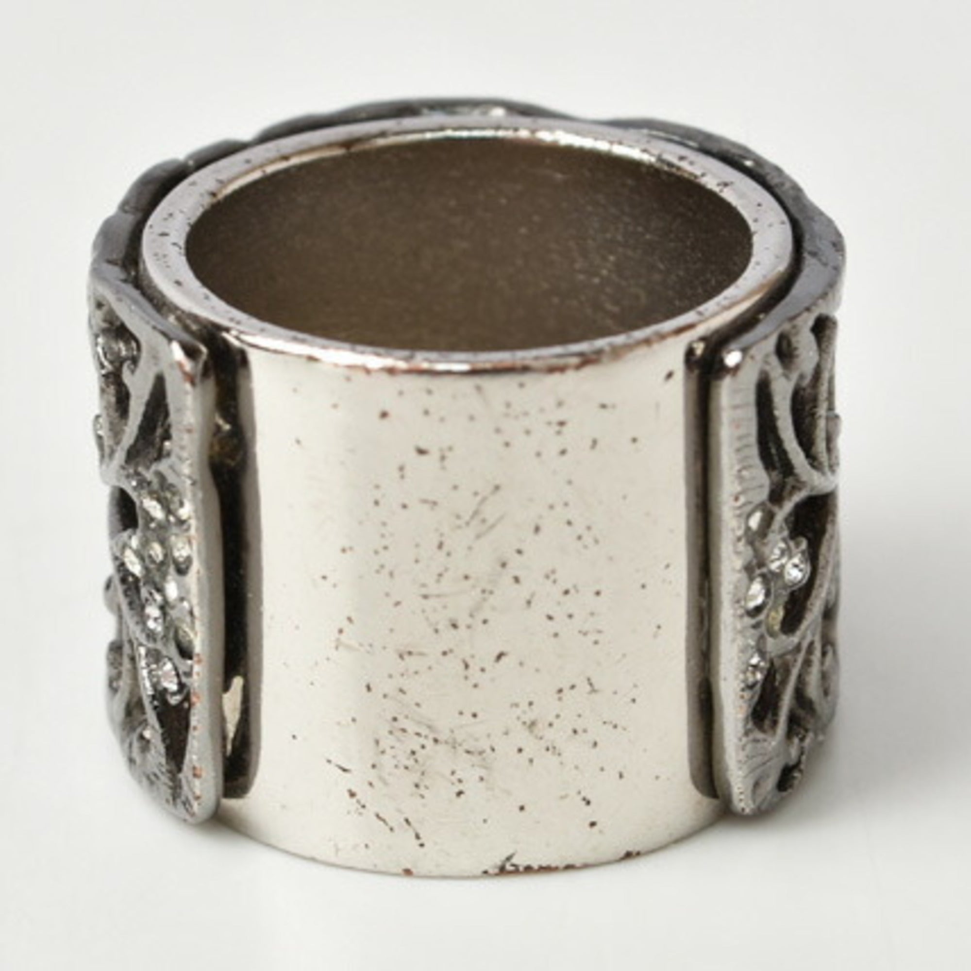Chanel Gunmetal Metal Rhinestone Band Ring (Pre-Owned)
