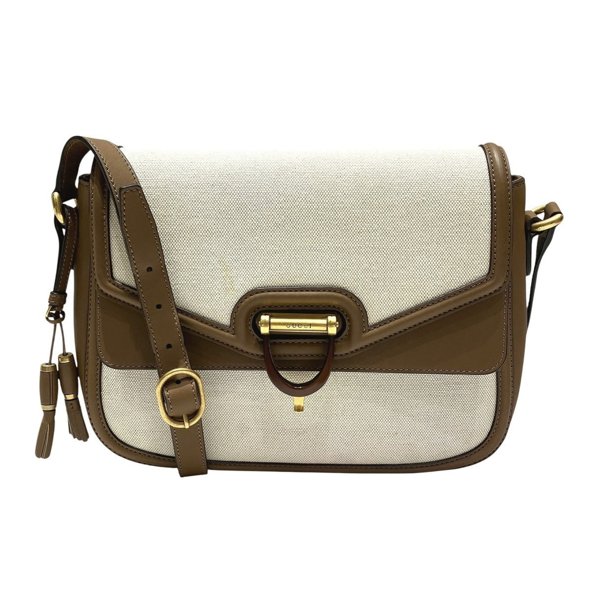 Gucci Camel Ivory Canvas Leather Shoulder Bag (Pre-Owned)