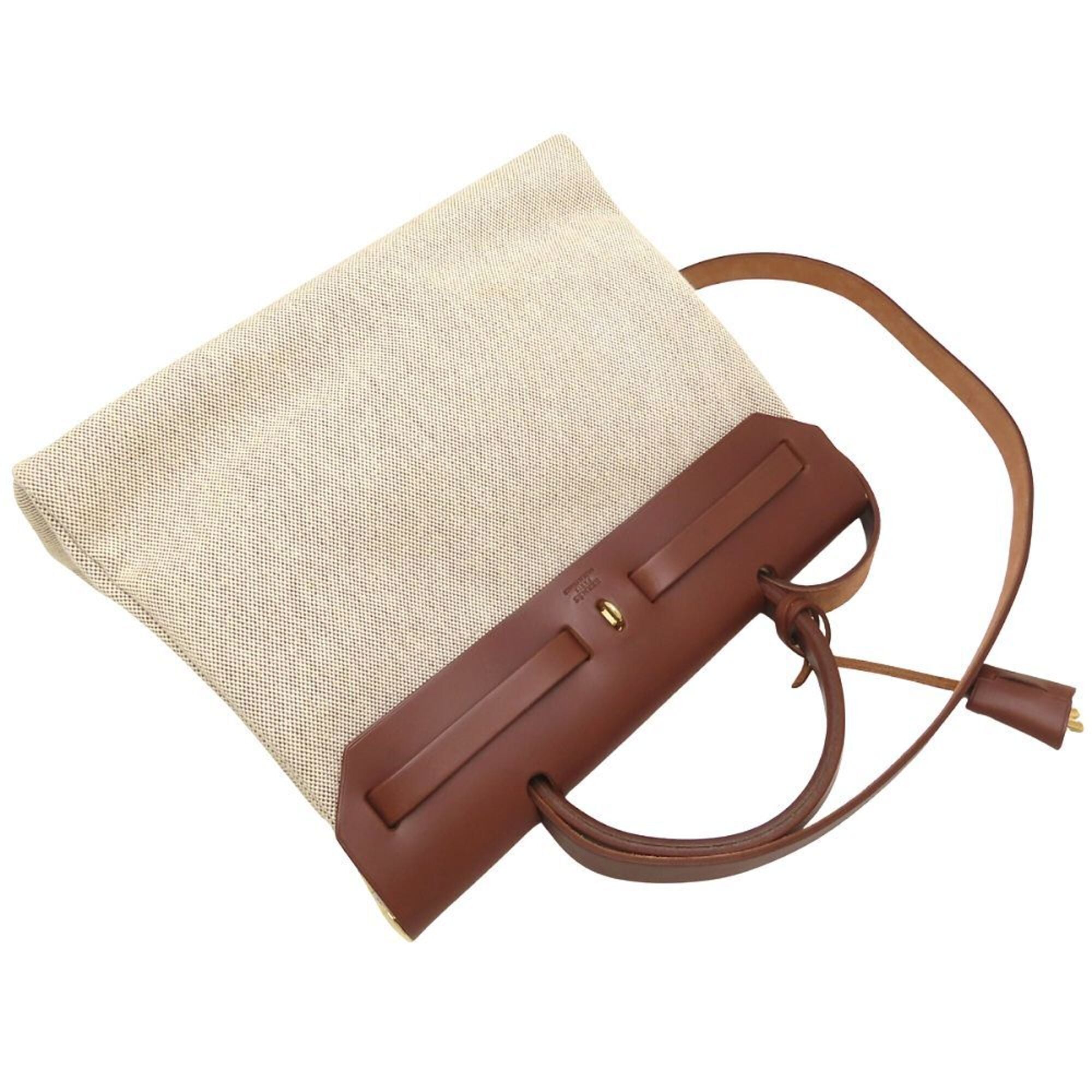 Hermes Her Bag Beige Brown Toile Officier Leather Shoulder Bag (Pre-Owned)