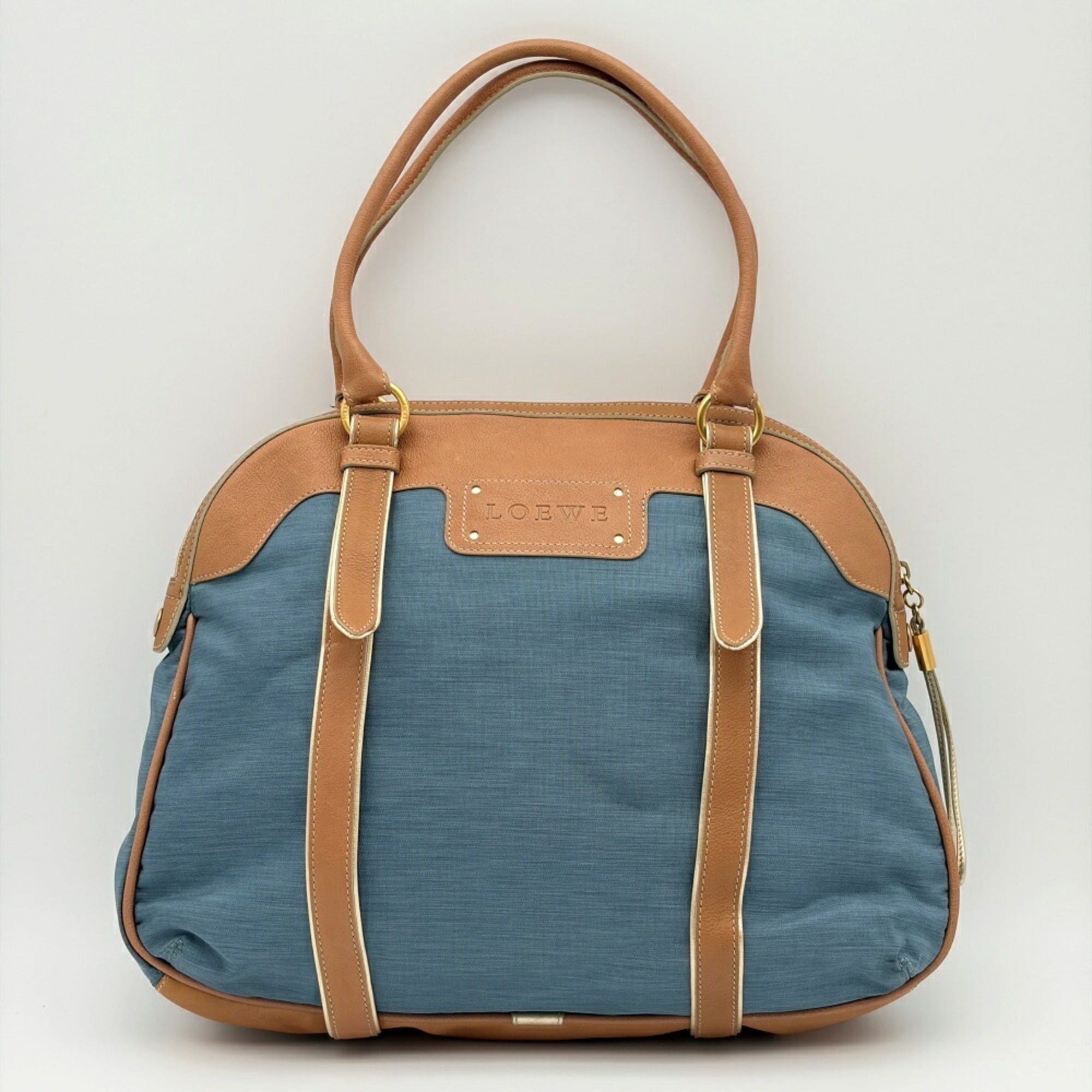 Loewe Beige Blue Nylon Leather Boston Bag Tote Bag (Pre-Owned)