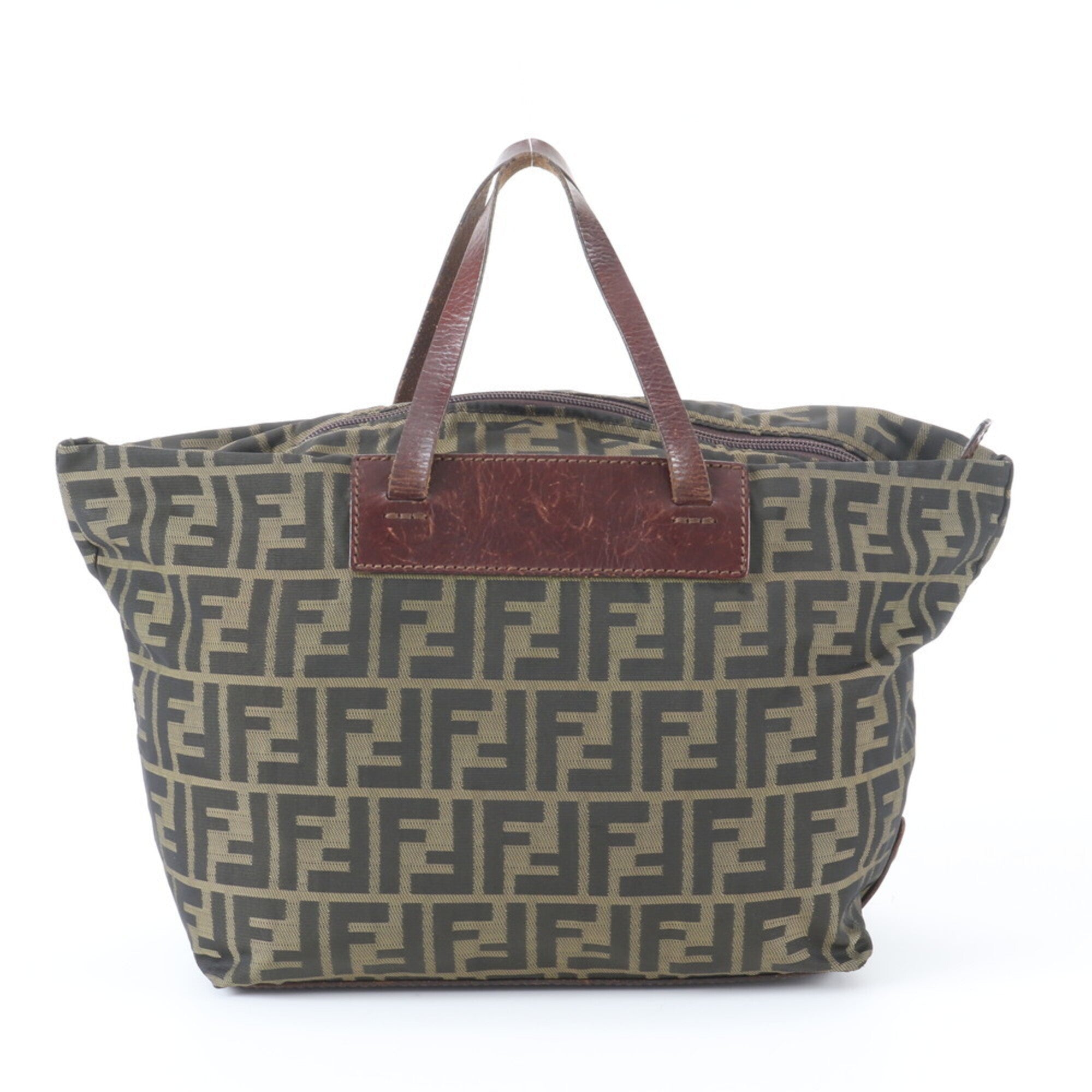 Fendi Zucca Brown Green Khaki Leather Nylon Handbag Tote Bag (Pre-Owned)