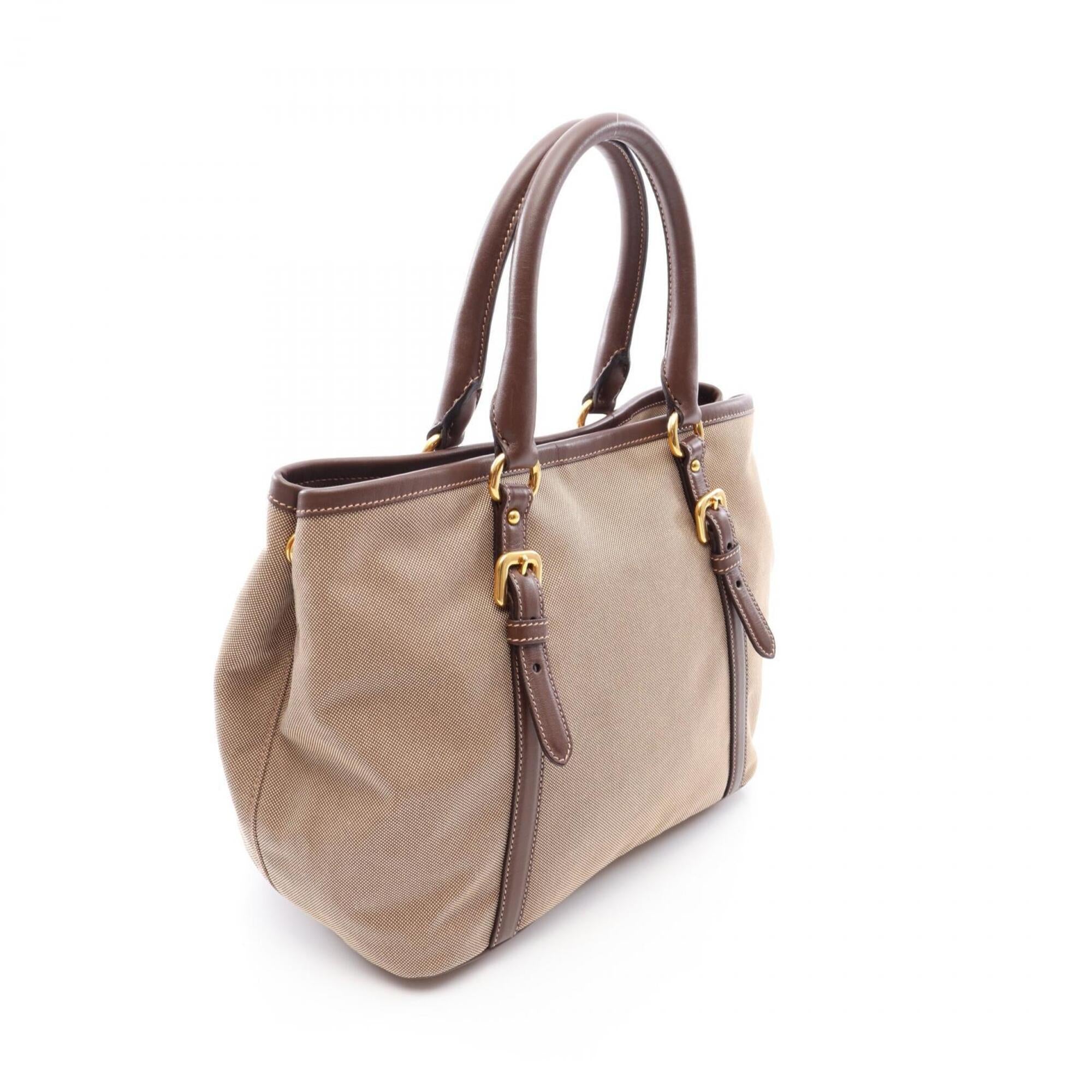 Prada Beige Brown Canvas Leather Handbag Tote Bag (Pre-Owned)