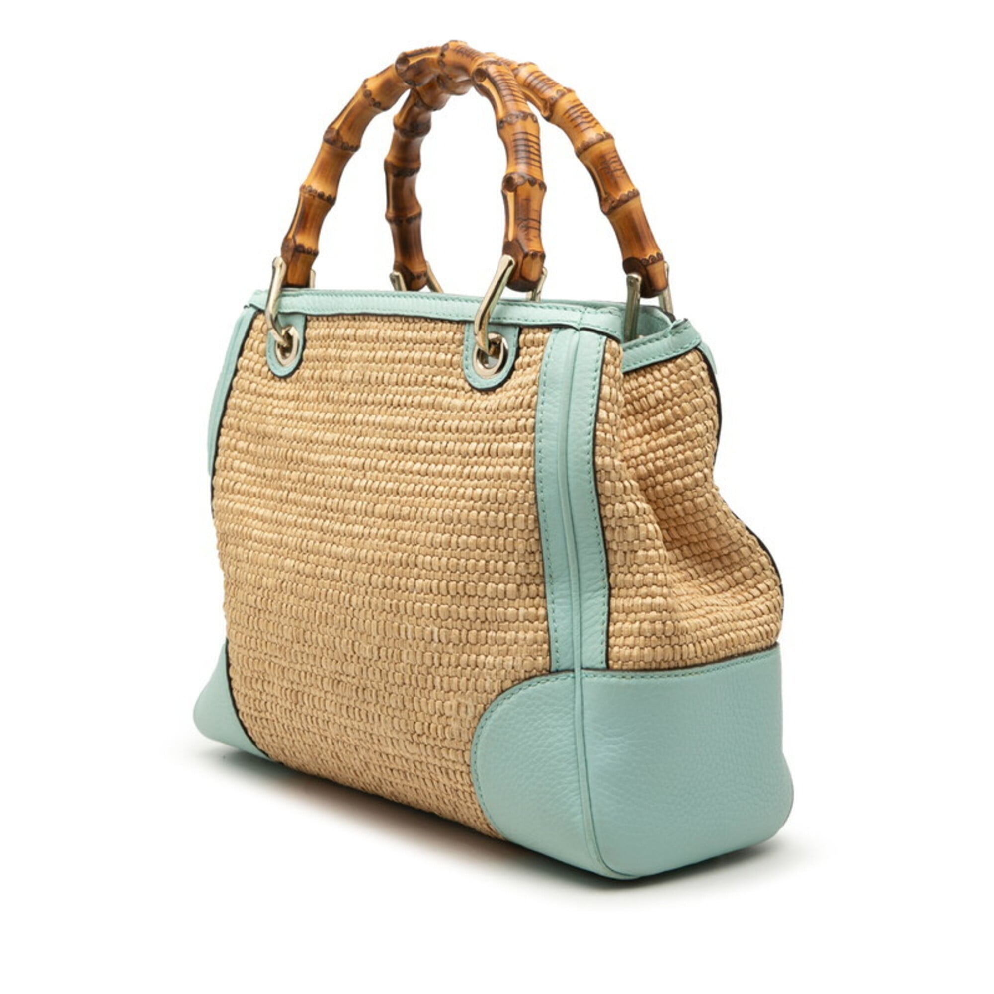 Gucci Beige Green Straw Leather Handbag Shoulder Bag (Pre-Owned)