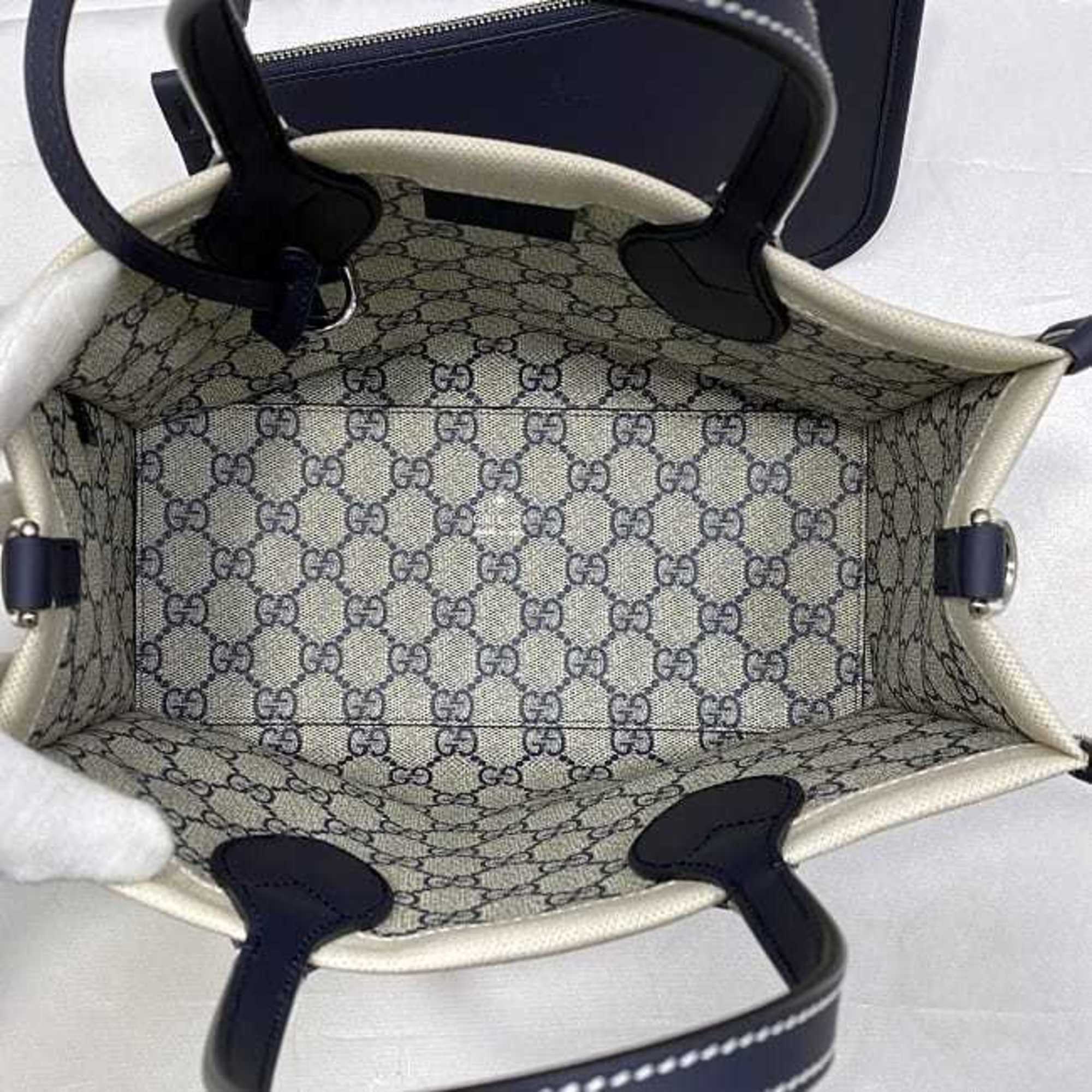 Gucci Beige Navy Canvas Leather Handbag Shoulder Bag Tote Bag (Pre-Owned)