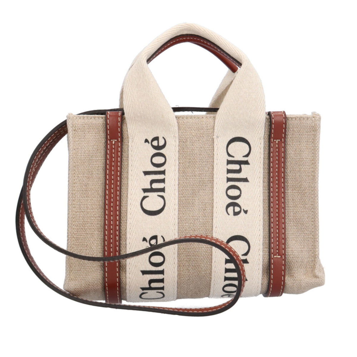 Chloé Brown White Linen Leather Shoulder Bag (Pre-Owned)