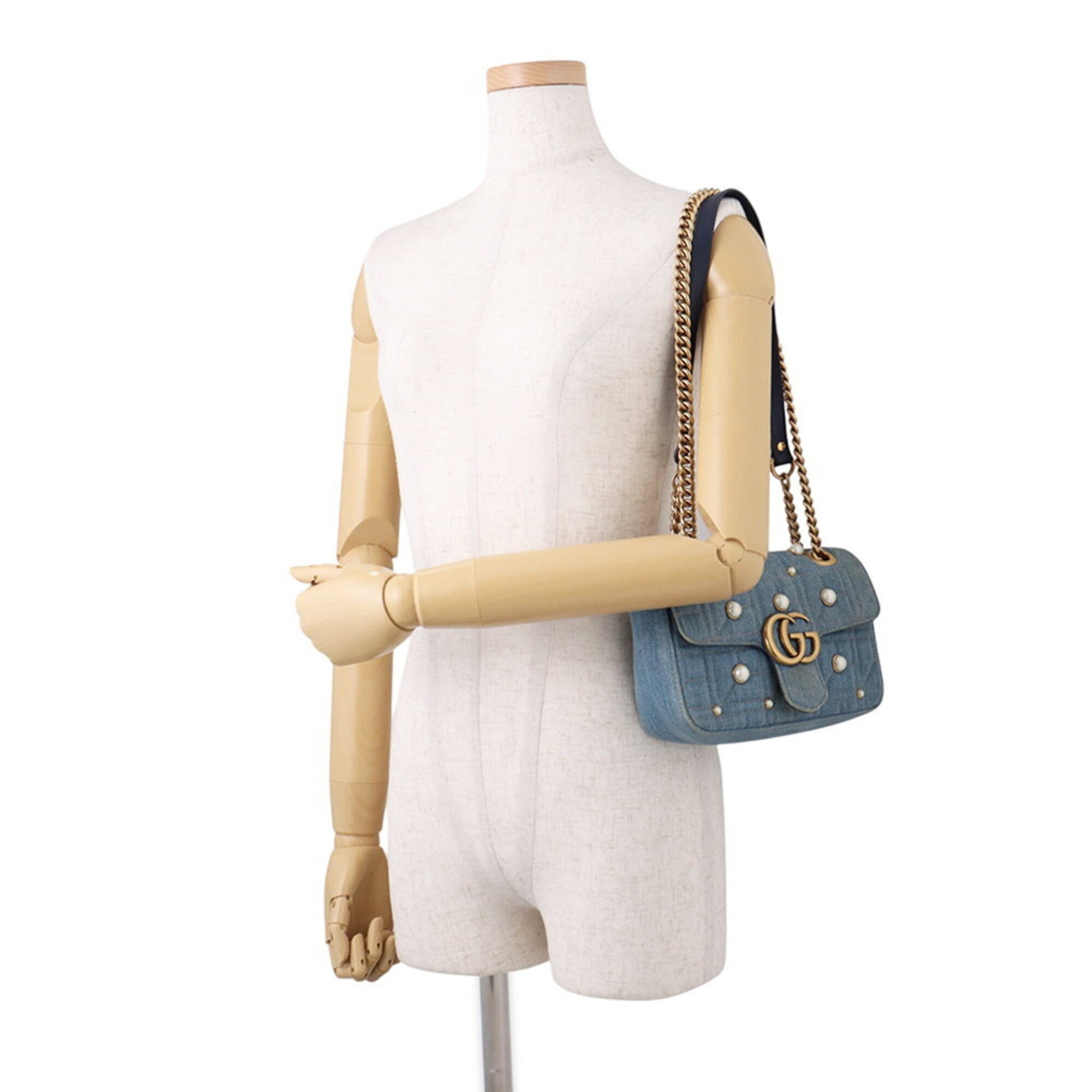 Gucci Gg Marmont Blue Denim Leather Handbag Shoulder Bag (Pre-Owned)