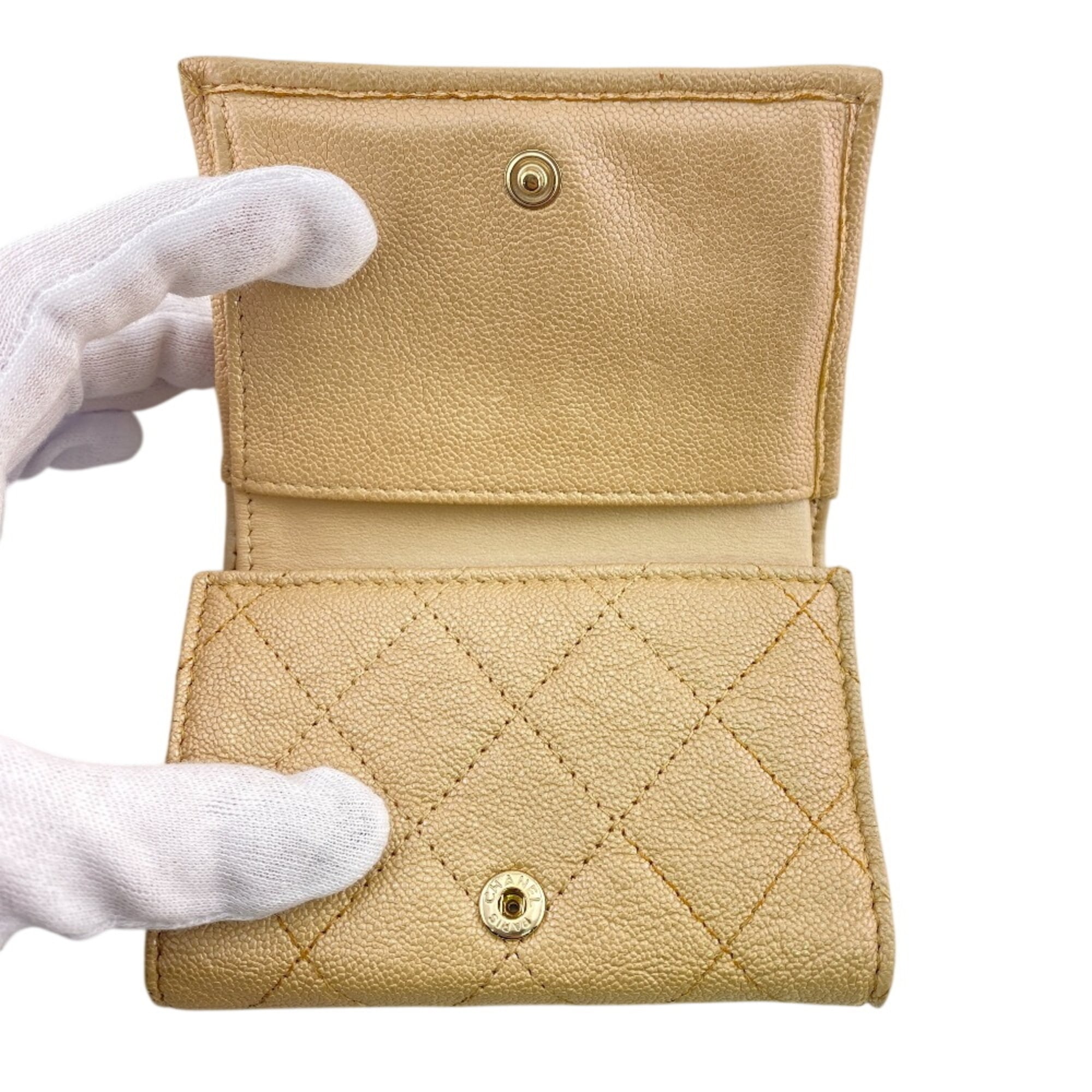 Chanel Beige Beige Gold Grained Calfskin Leather Wallet (Tri-Fold) (Pre-Owned)