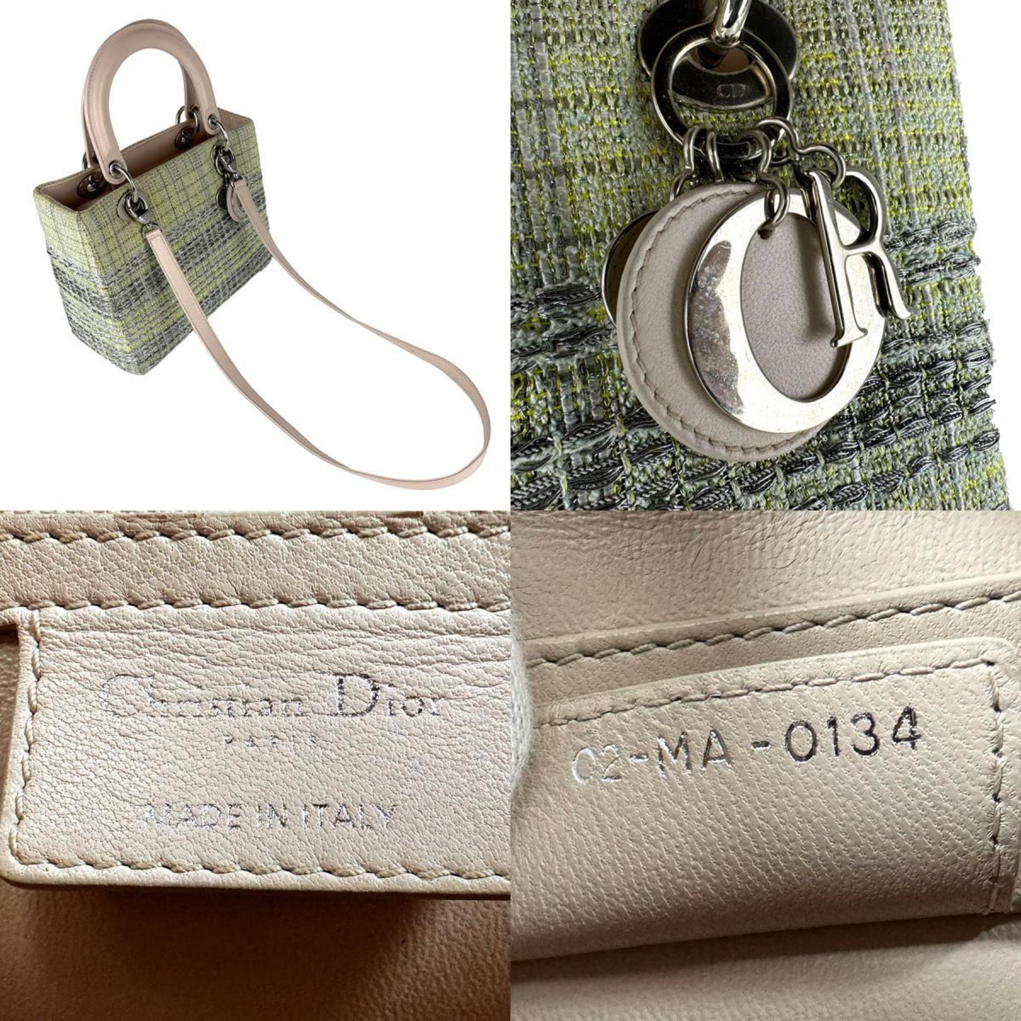 Christian Dior Green Pink Beige Tweed Leather Handbag Shoulder Bag (Pre-Owned)
