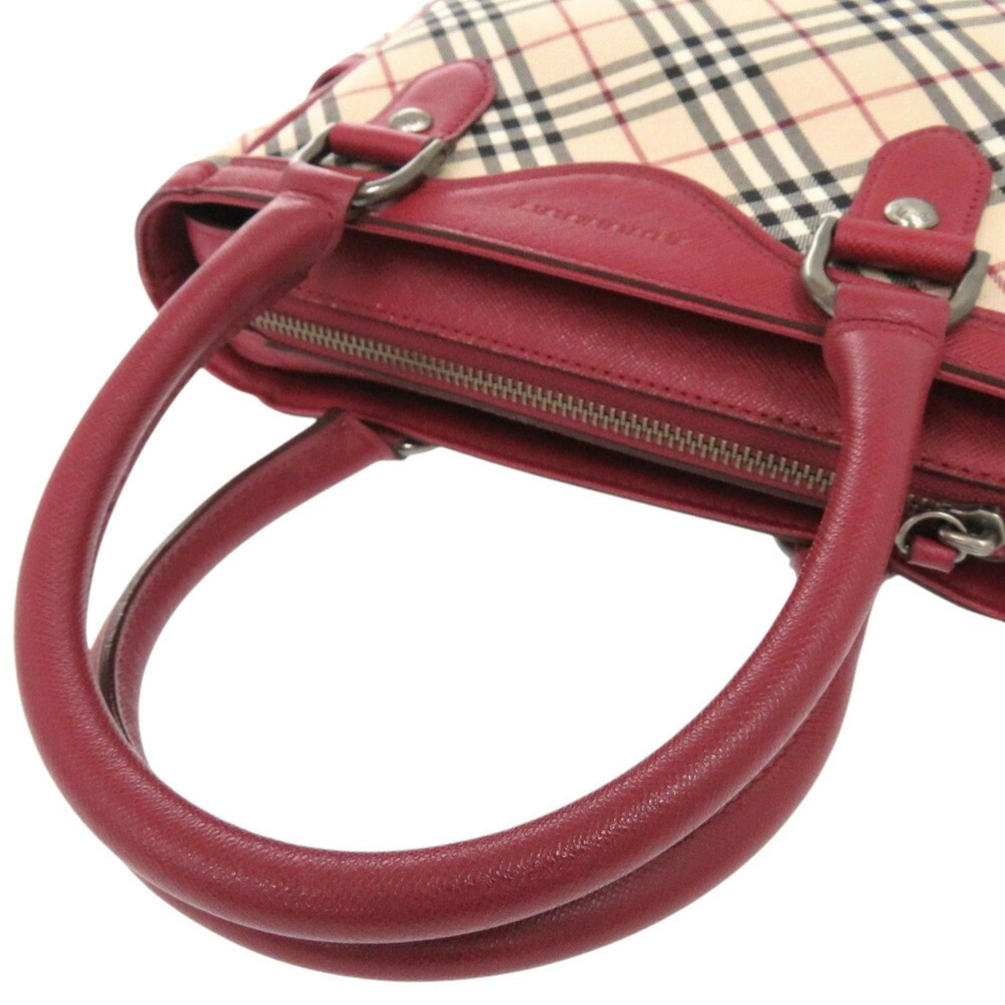 Burberry Beige Red Color Leather Canvas Handbag (Pre-Owned)