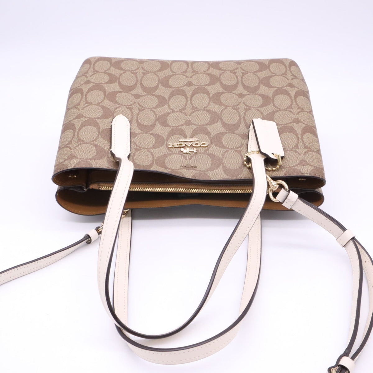 Coach Beige White Signature Line Handbag (Pre-Owned)