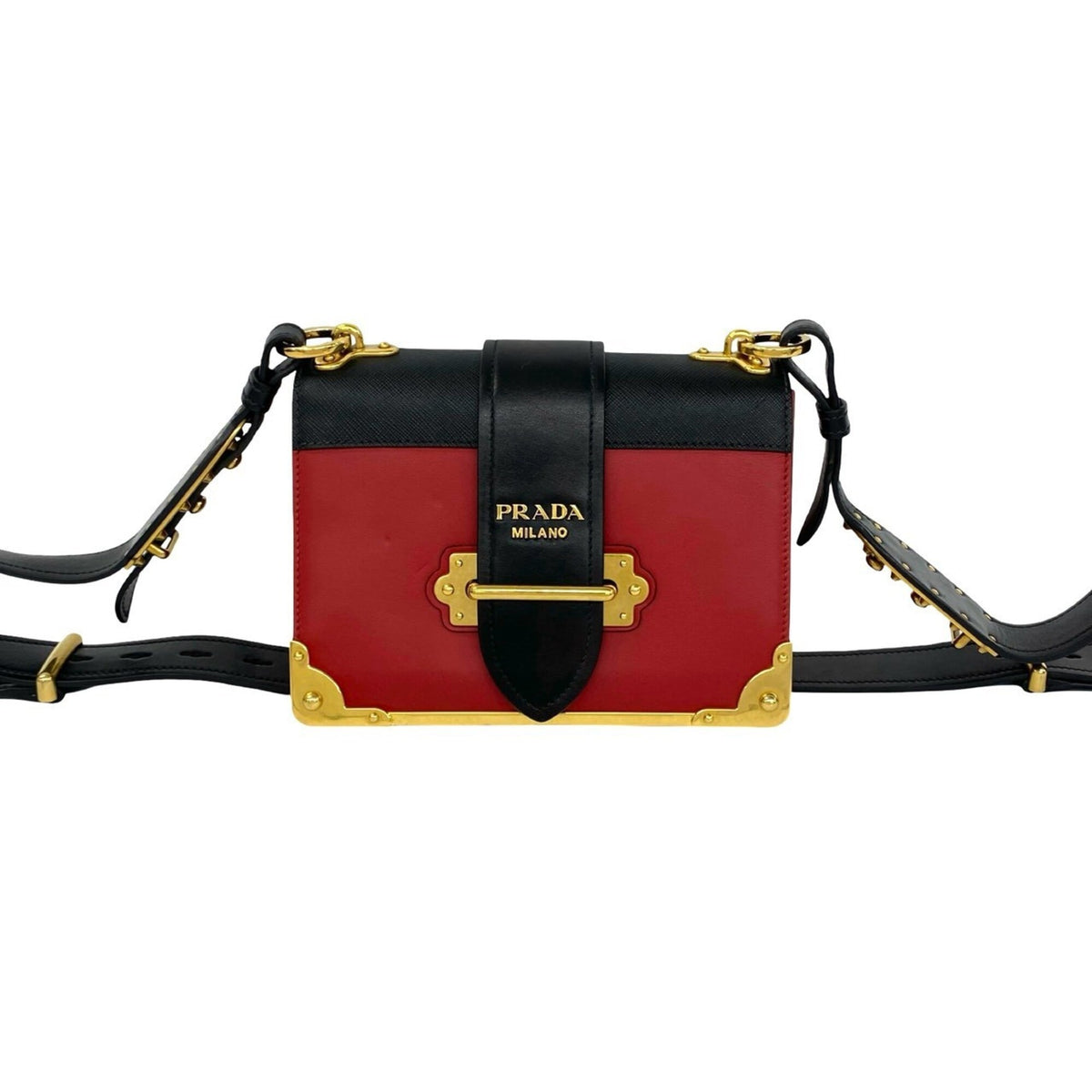 Prada Black Gold Red Color Leather Pochette Shoulder Bag (Pre-Owned)