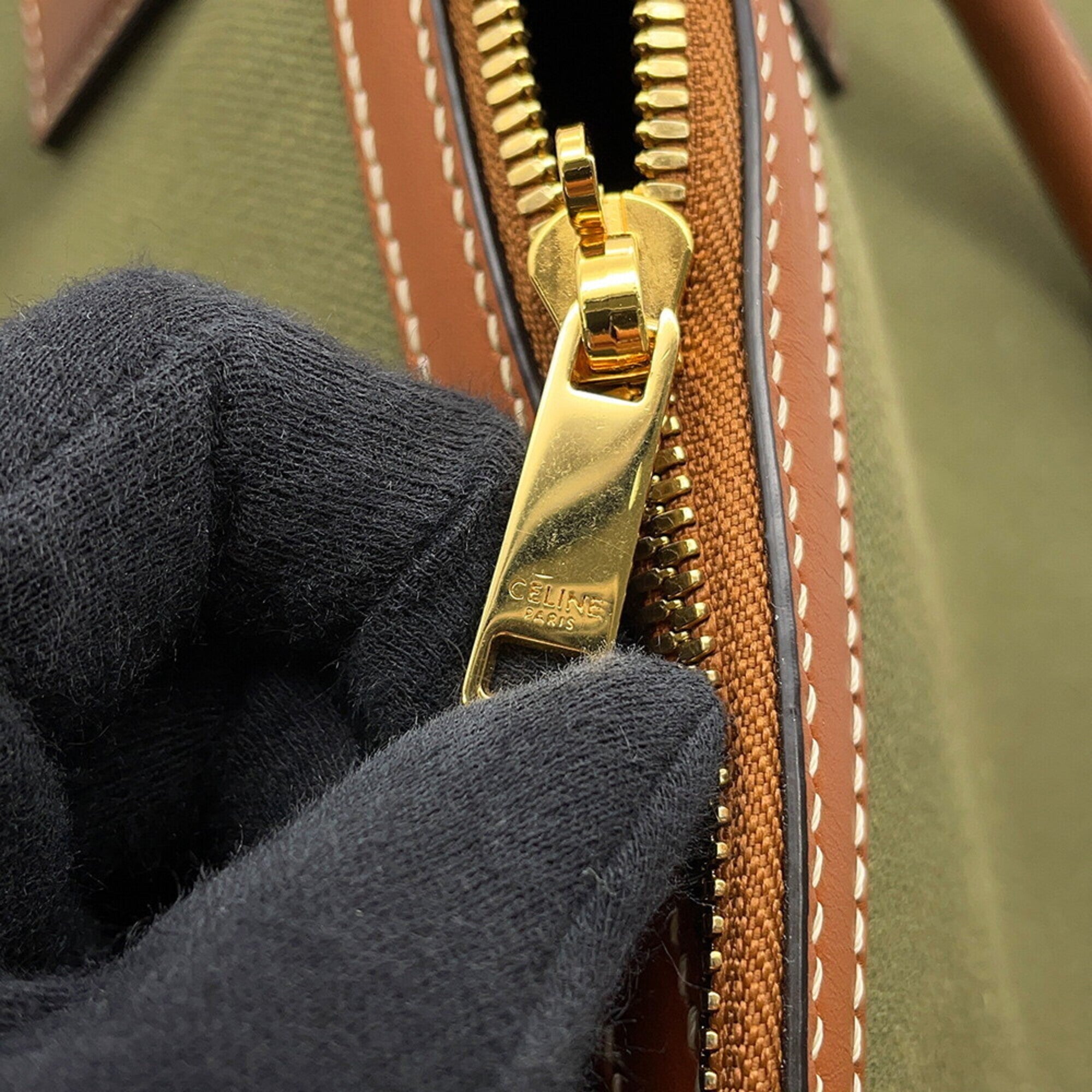 Celine Brown Khaki Canvas Leather Boston Bag (Pre-Owned)