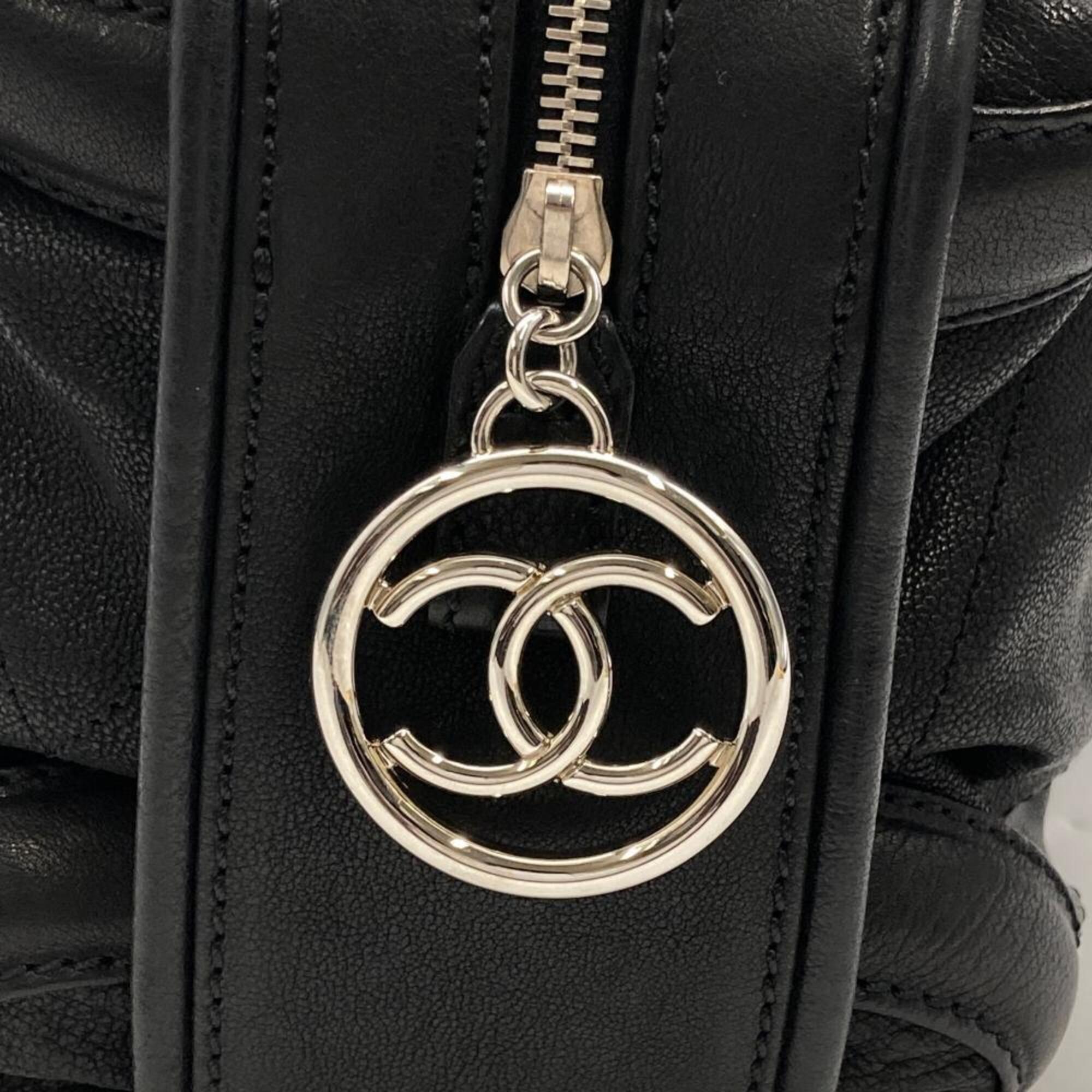Chanel Black Leather Boston Bag Handbag (Pre-Owned)