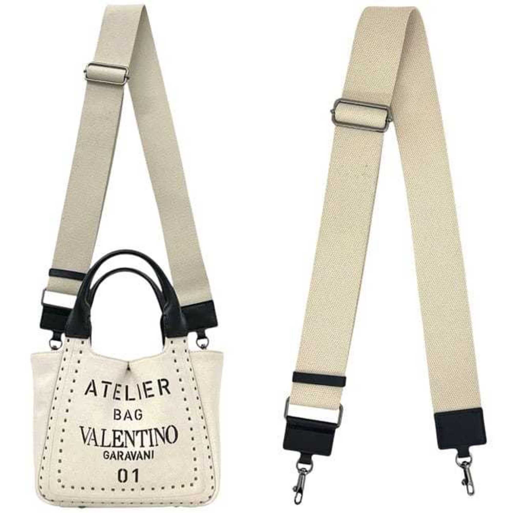 Valentino Garavani Beige Black Canvas Leather Handbag Shoulder Bag (Pre-Owned)