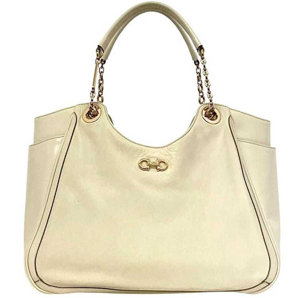 Salvatore Ferragamo Gancini Cream White Leather Tote Bag (Pre-Owned)