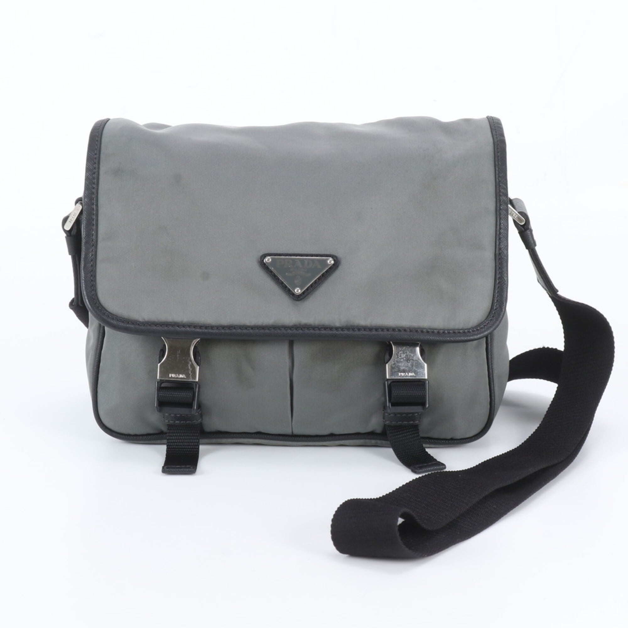 Prada Black Gray Leather Nylon Messenger Bag Shoulder Bag (Pre-Owned)