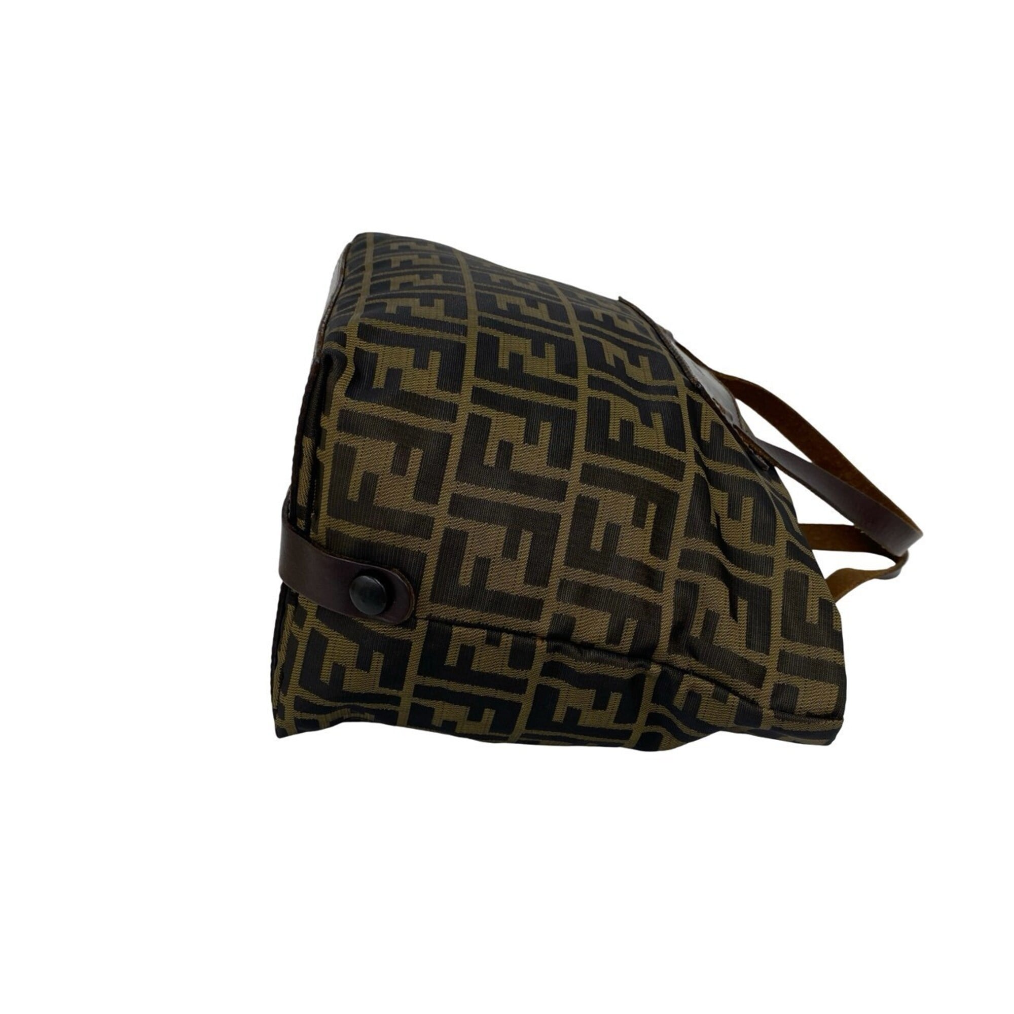 Fendi Black Brown Khaki Nylon Leather Handbag Tote Bag (Pre-Owned)
