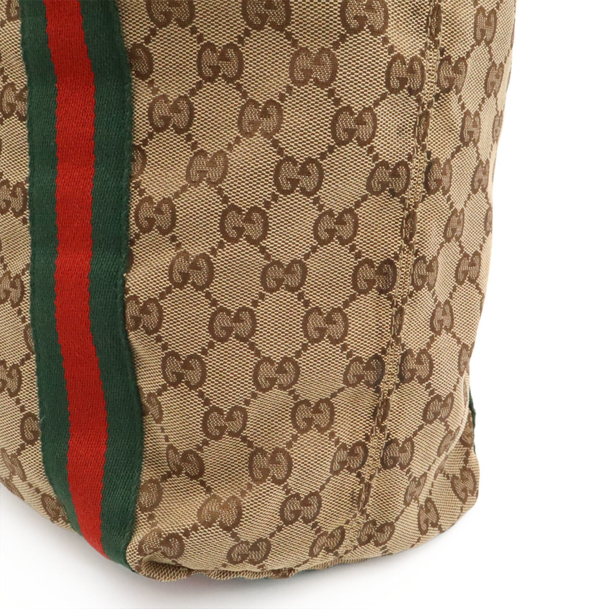 Gucci Beige Green Khaki Red Color Canvas Leather Shoulder Bag Tote Bag (Pre-Owned)