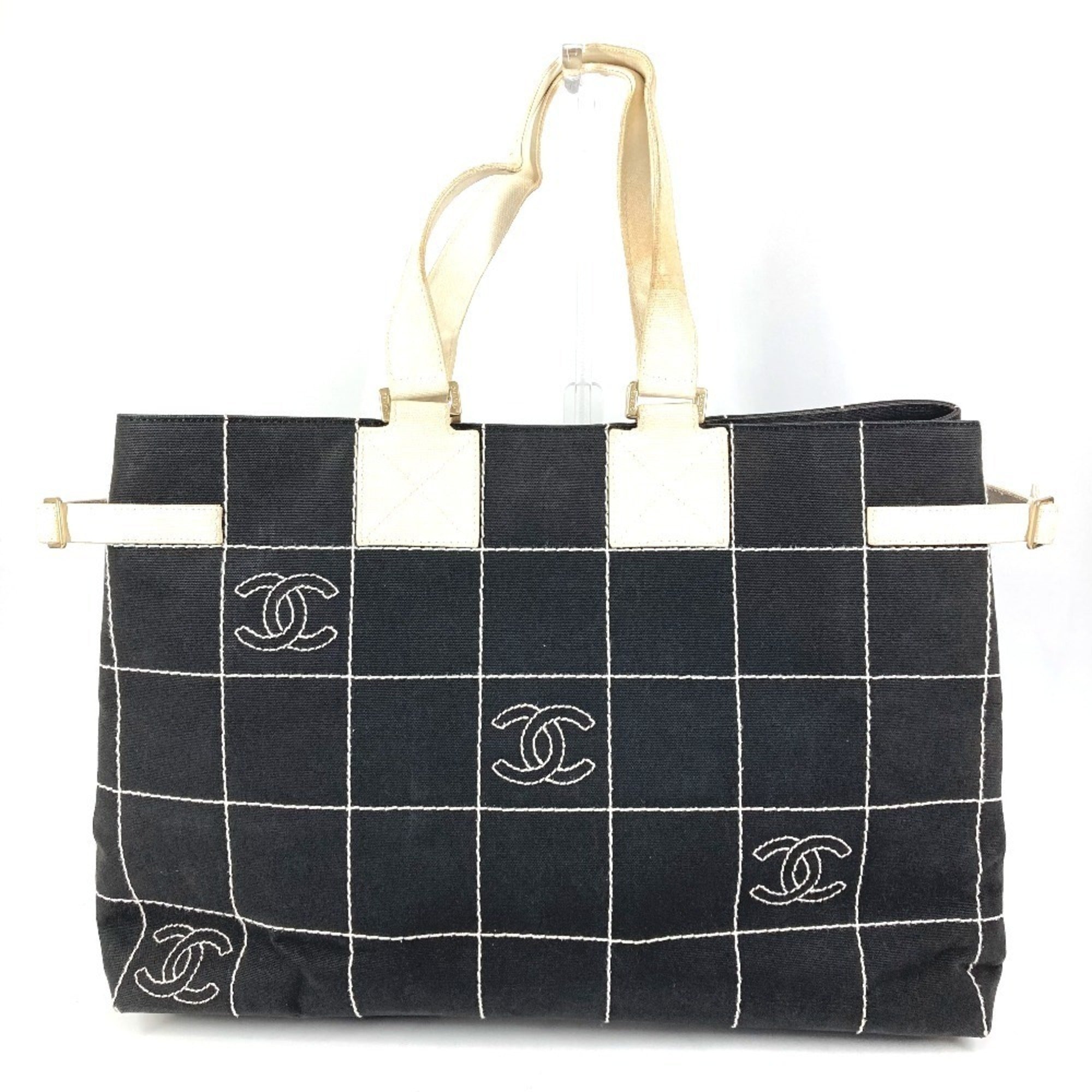 Chanel Black White Canvas Handbag Shoulder Bag Tote Bag (Pre-Owned)