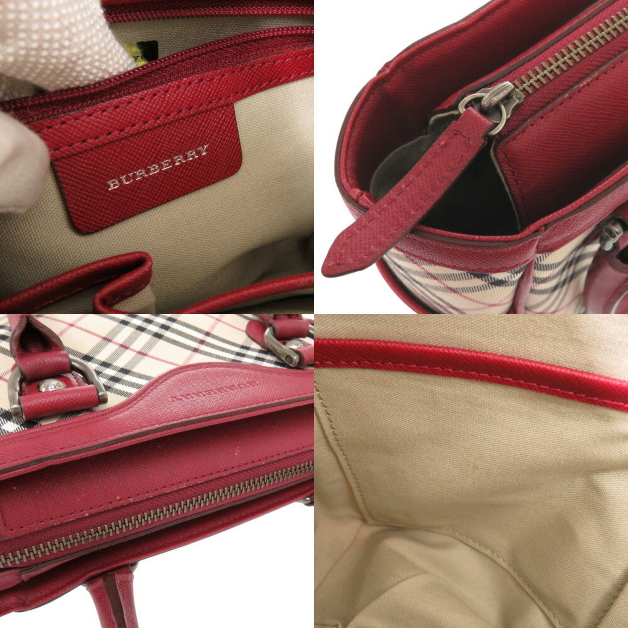 Burberry Beige Red Color Leather Canvas Handbag (Pre-Owned)