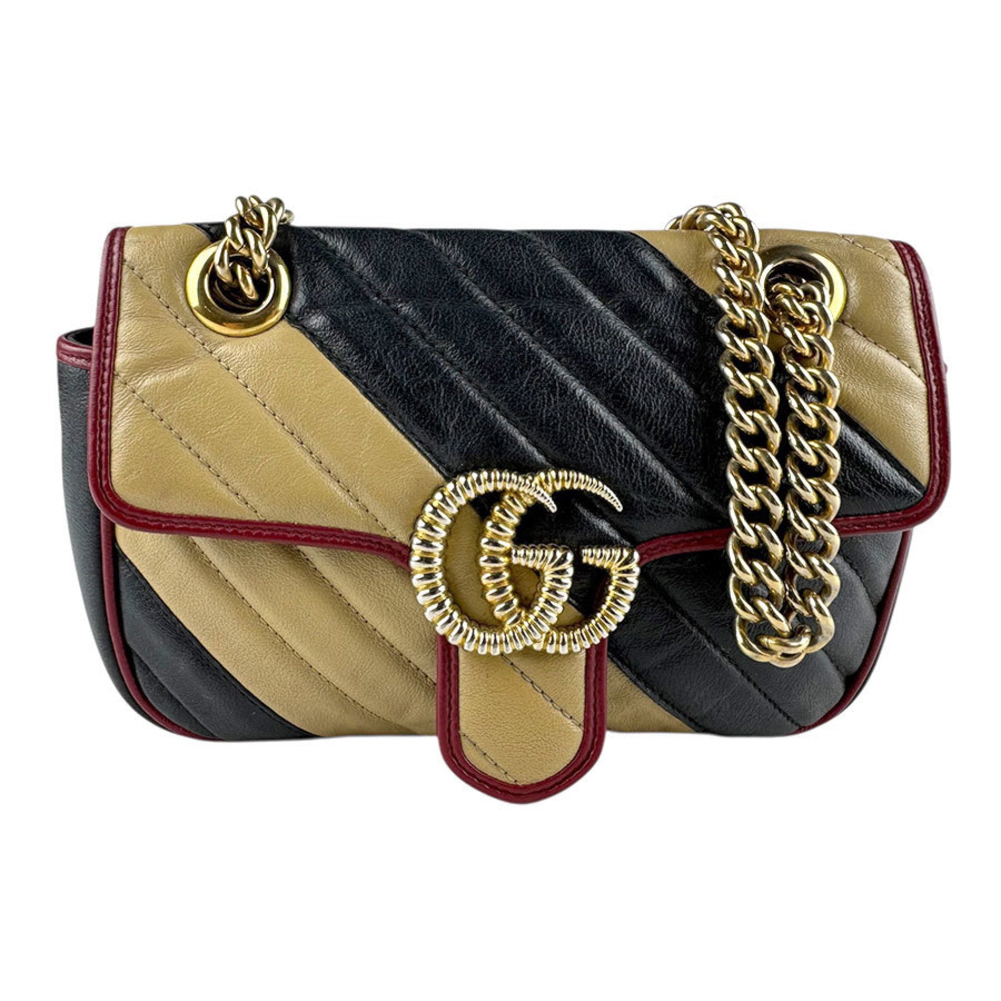 Gucci Beige Black Gold Leather Metal Shoulder Bag (Pre-Owned)