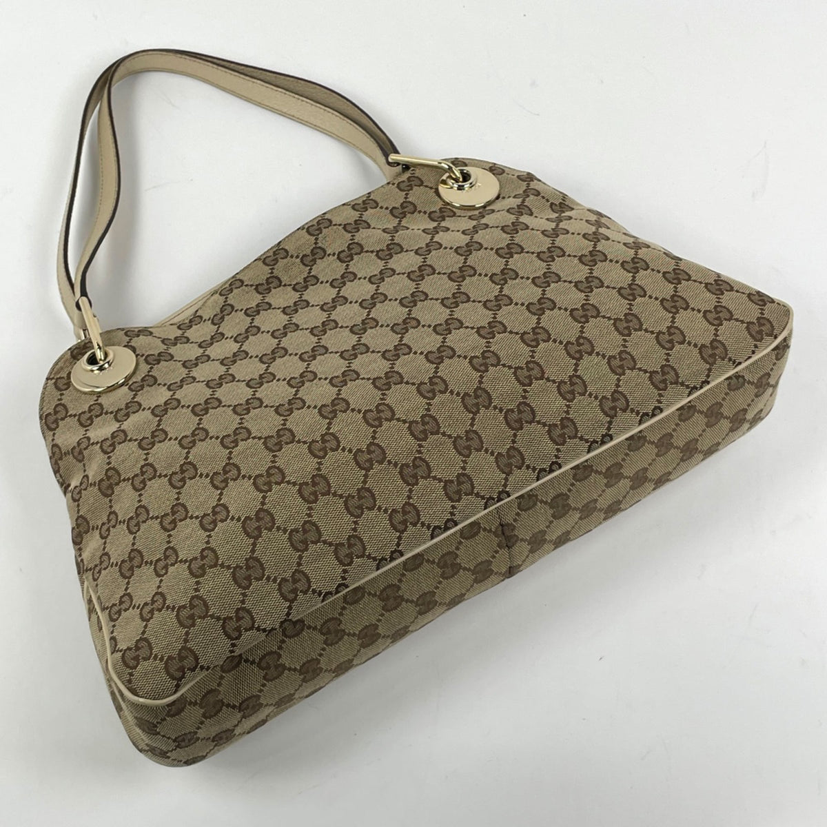 Gucci Gg Canvas Beige Ivory Gg Canvas Leather Tote Bag (Pre-Owned)