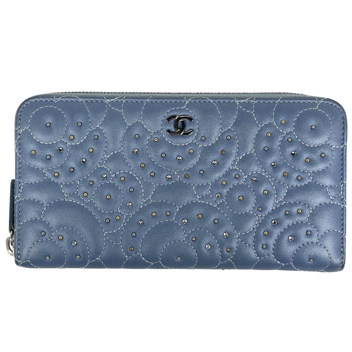 Chanel Camellia Blue Leather Rhinestone Long Wallet (Bi-Fold) (Pre-Owned)