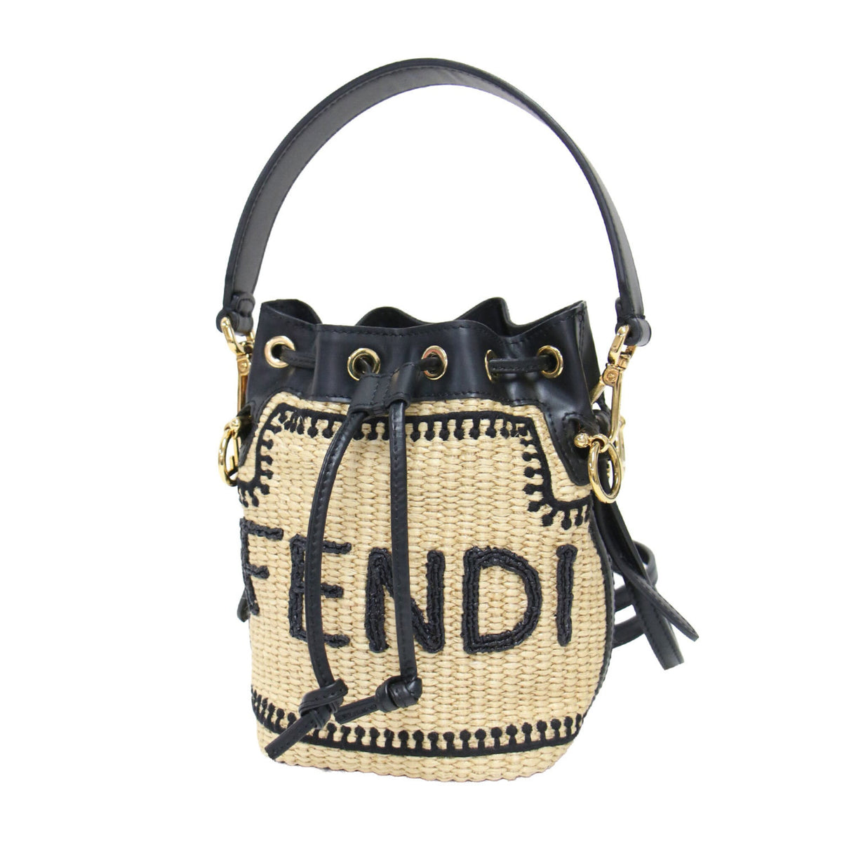 Fendi Beige Black Straw Leather Handbag Shoulder Bag (Pre-Owned)