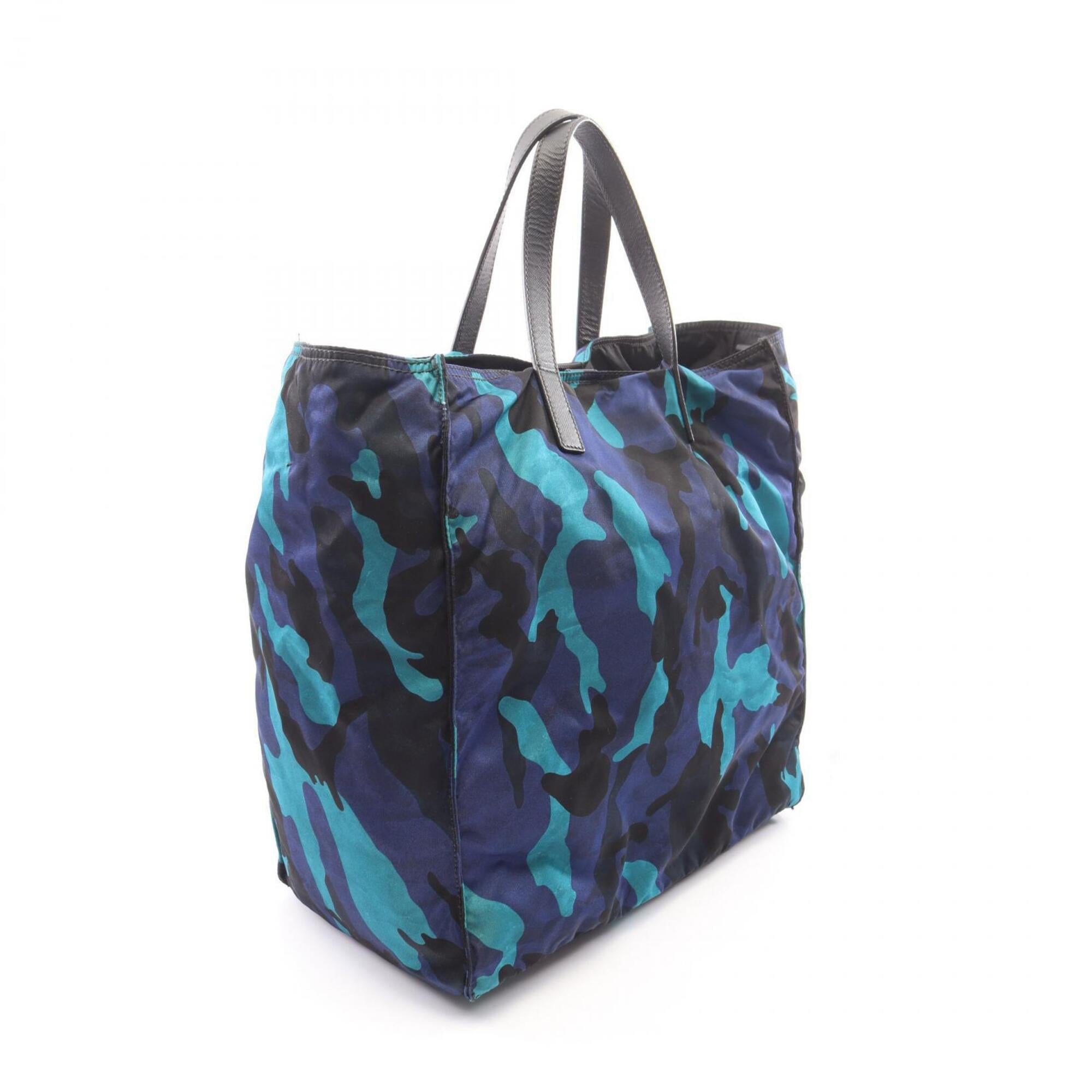 Prada Black Blue Multi-Color Nylon Leather Handbag Tote Bag (Pre-Owned)