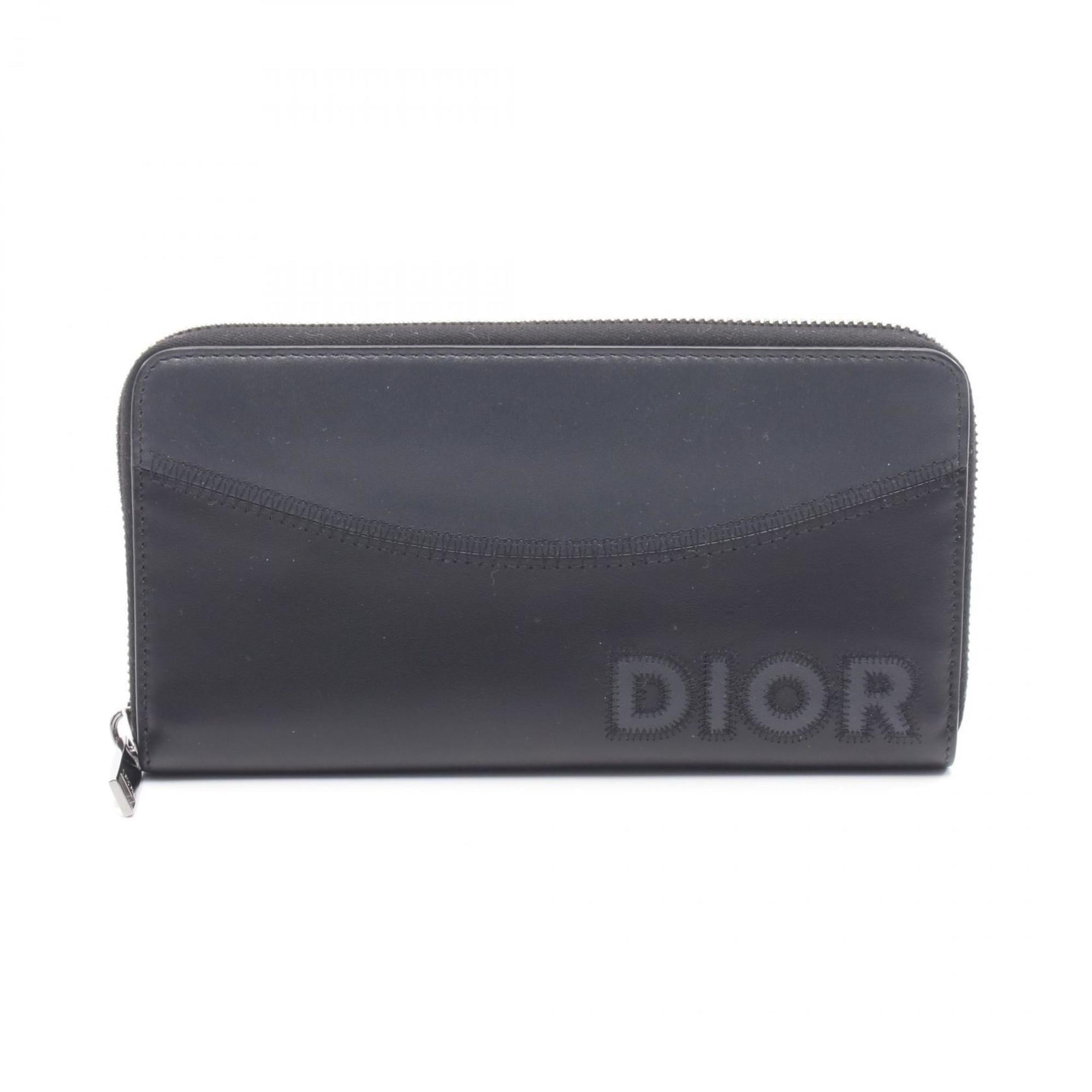 Christian Dior Black Gray Leather Long Wallet (Bi-Fold) (Pre-Owned)