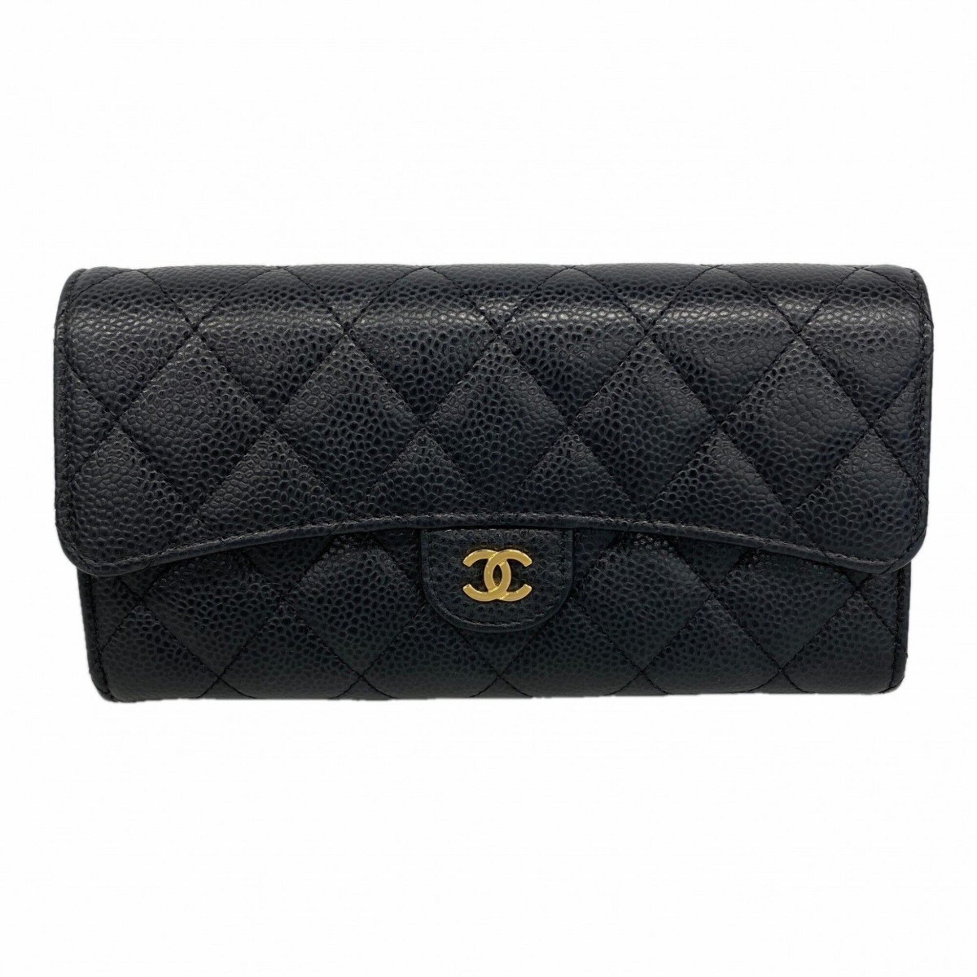 Chanel Black Grained Calfskin Long Wallet (Bi-Fold) (Pre-Owned)