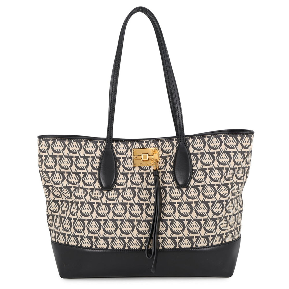 Salvatore Ferragamo Beige Black Canvas Leather Handbag Pouch Tote Bag (Pre-Owned)