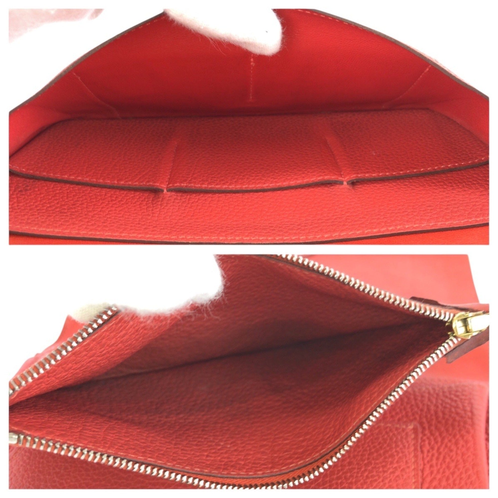 Hermes Red Color Togo Leather Long Wallet (Bi-Fold) (Pre-Owned)