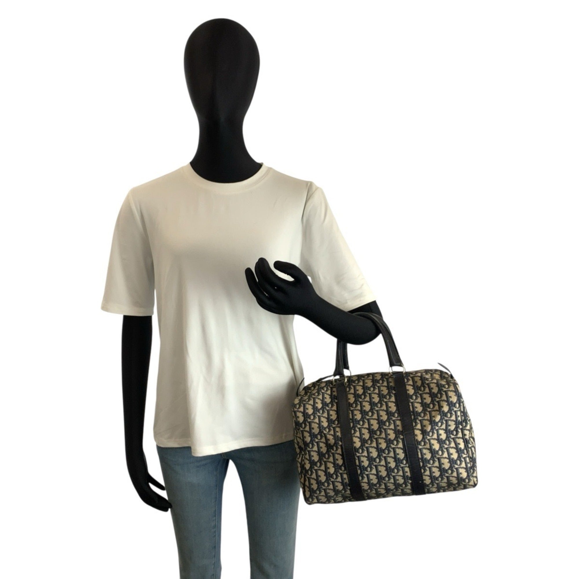 Christian Dior Navy Canvas Leather Boston Bag Handbag (Pre-Owned)