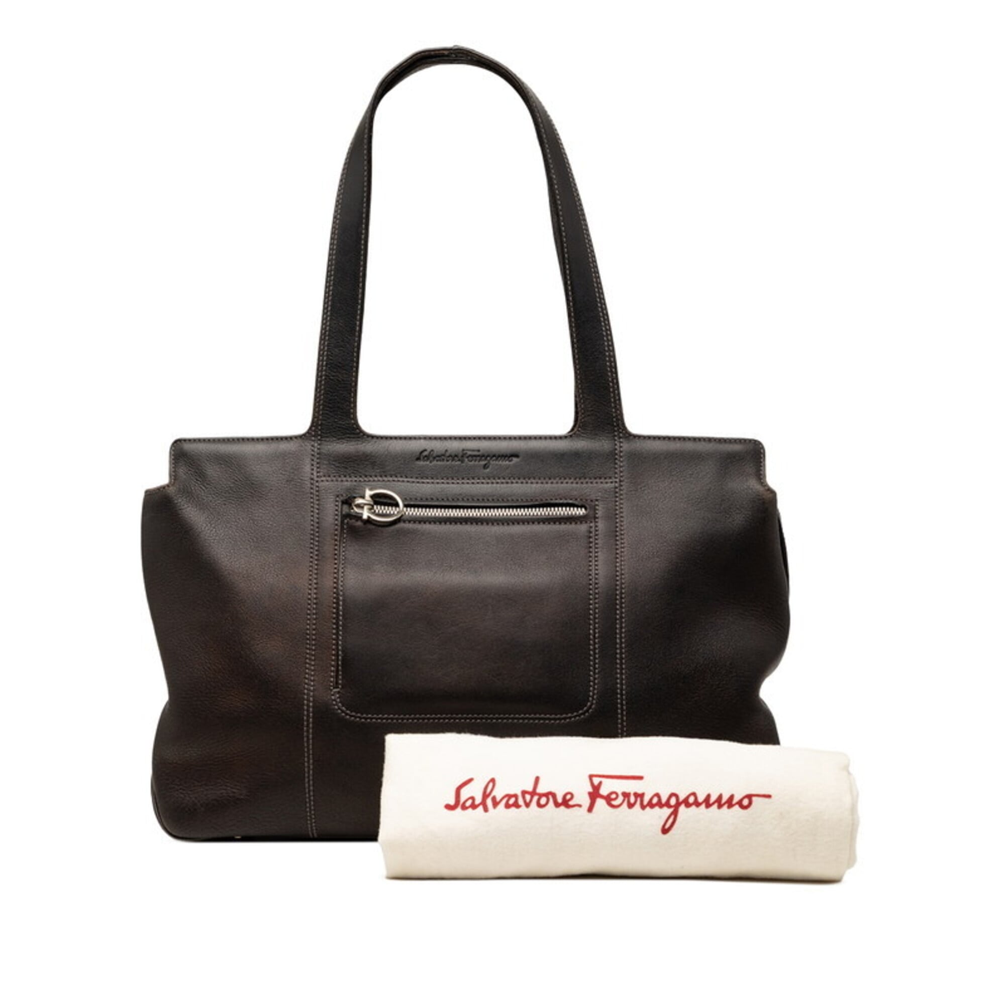Salvatore Ferragamo Brown Leather Shoulder Bag Tote Bag (Pre-Owned)